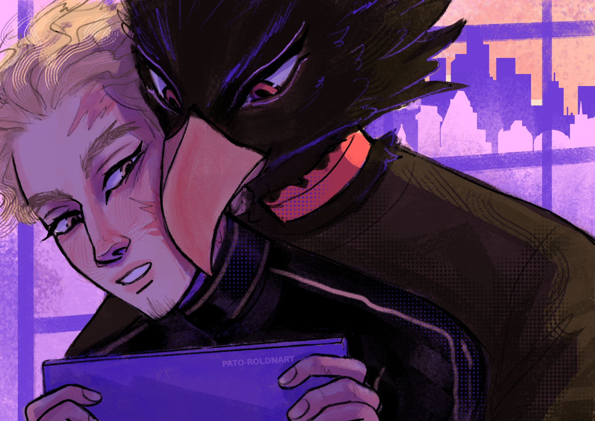 Hawks holding a tablet while Tokoyami hugs hims from behind, his beak is touching Hawks cheek.