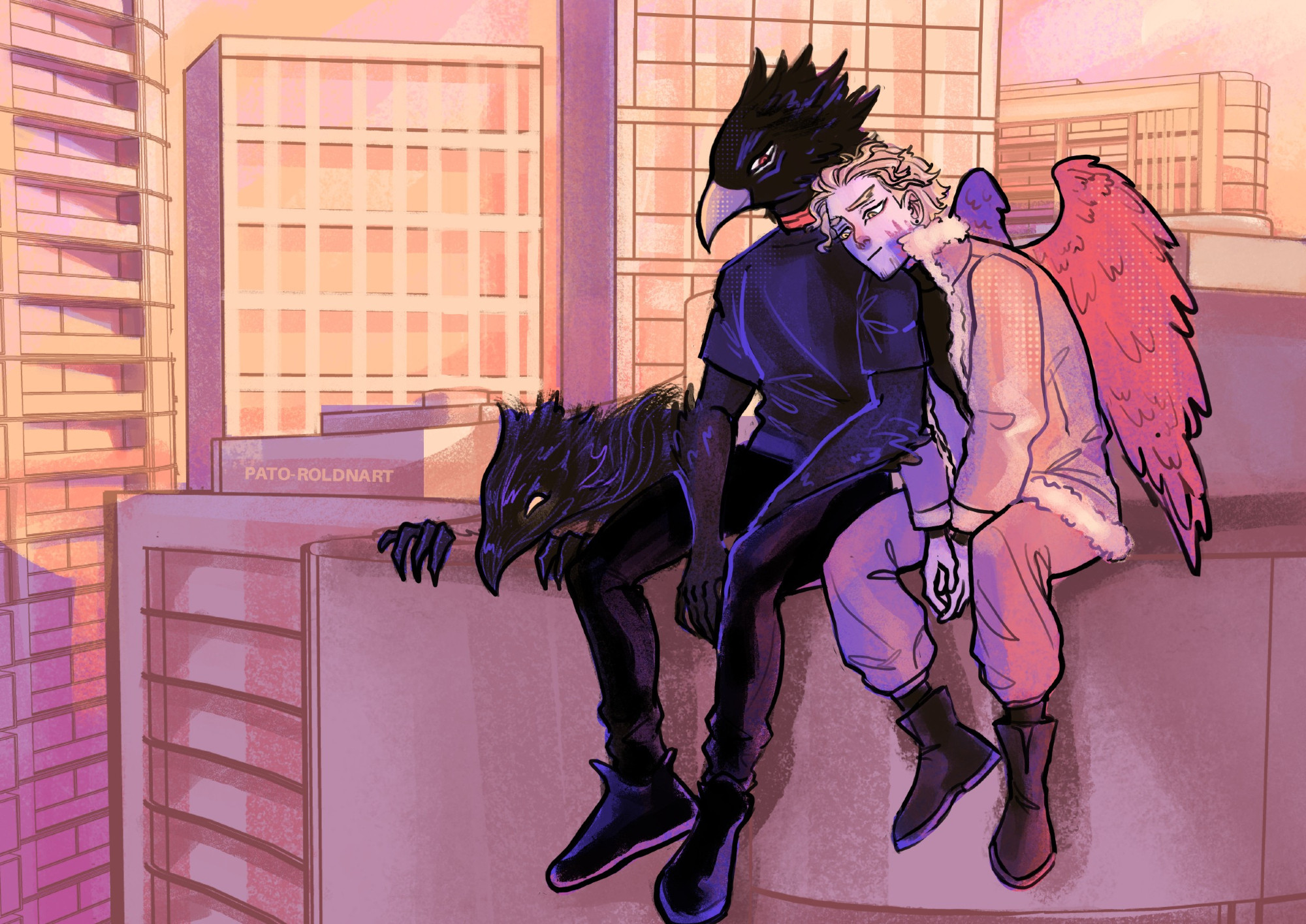 Hawks and Tokoyami sitting together very close, almost cuddling at the top of a building in a sunset mood.