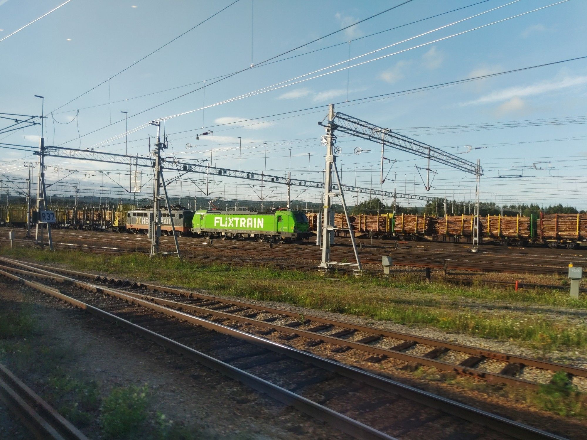 Zwei Lokomotiven, eine grüne mit Flixtrain-Lackierung und eine blaue mit Hectorrail-Logo vor einem Güterzug im Rangierbahnhof Ånge.