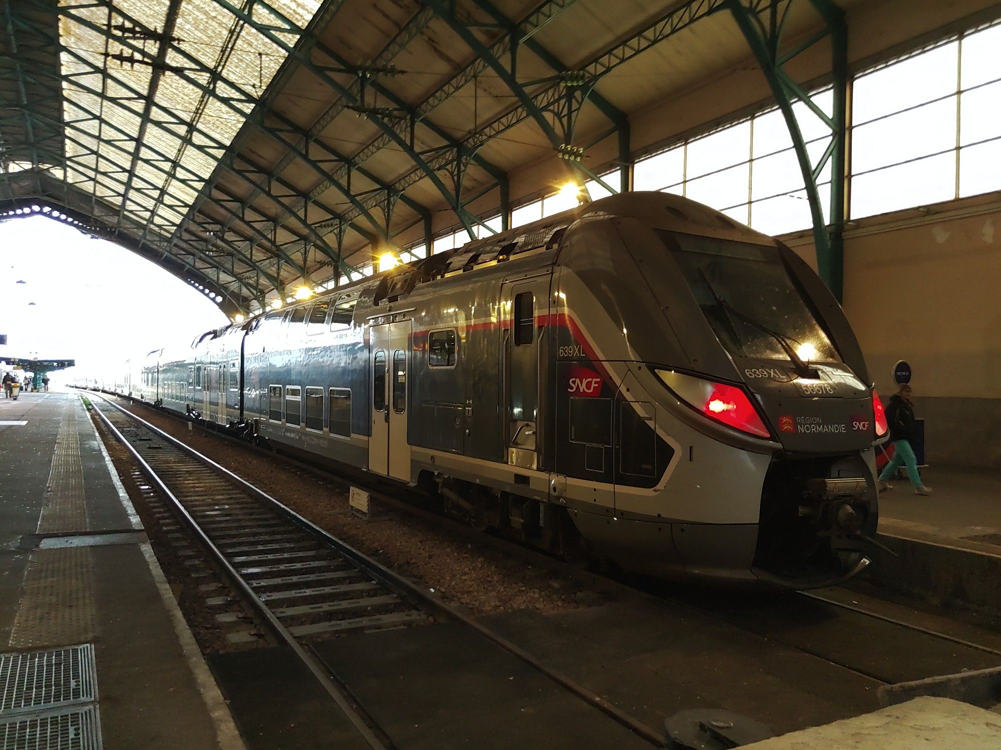 Angekommener TER aus Paris im Bahnhof Le Havre.