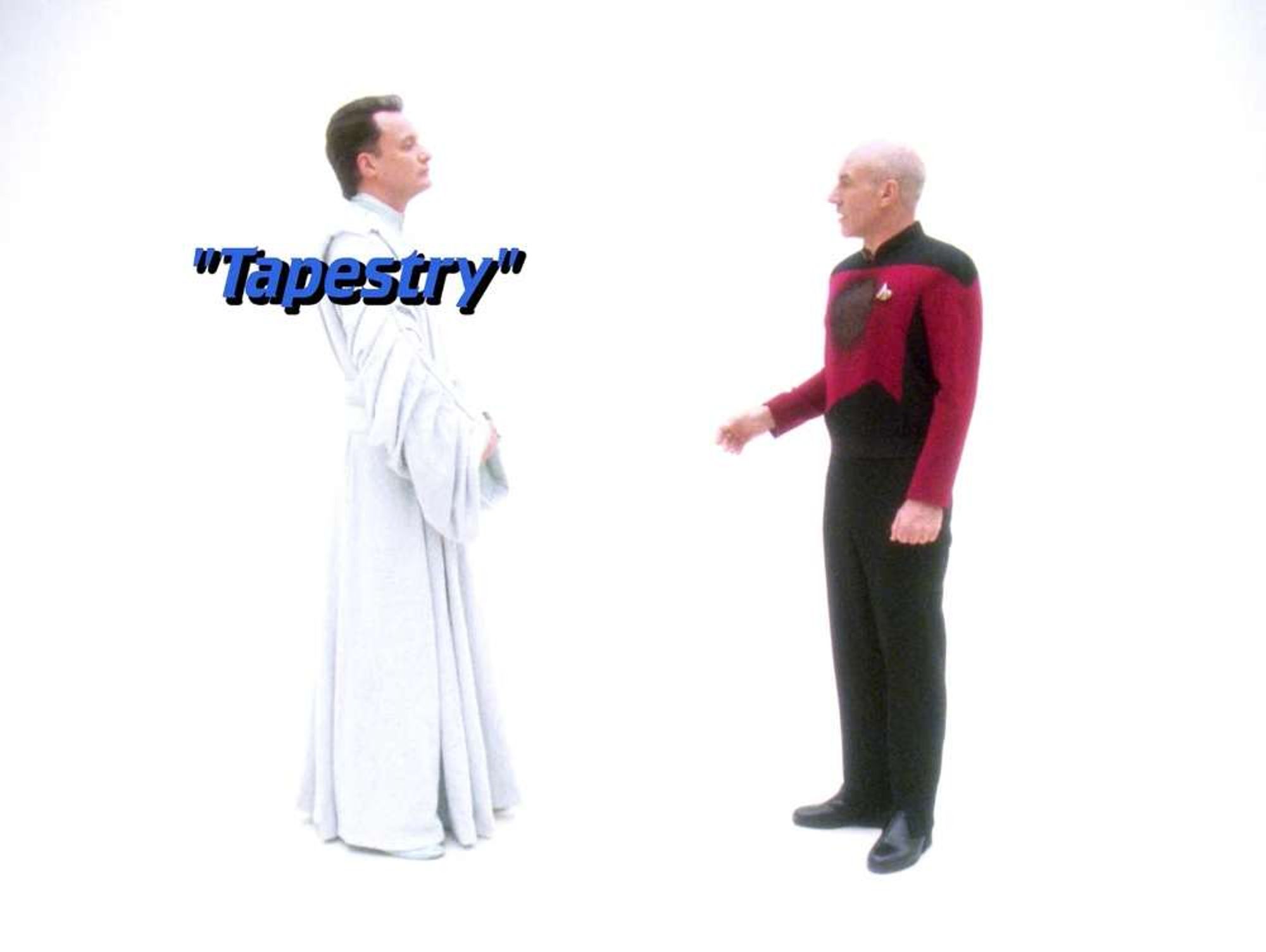 Picard and Q in a white space. Picard has a wound on his chest, Q in white robes.