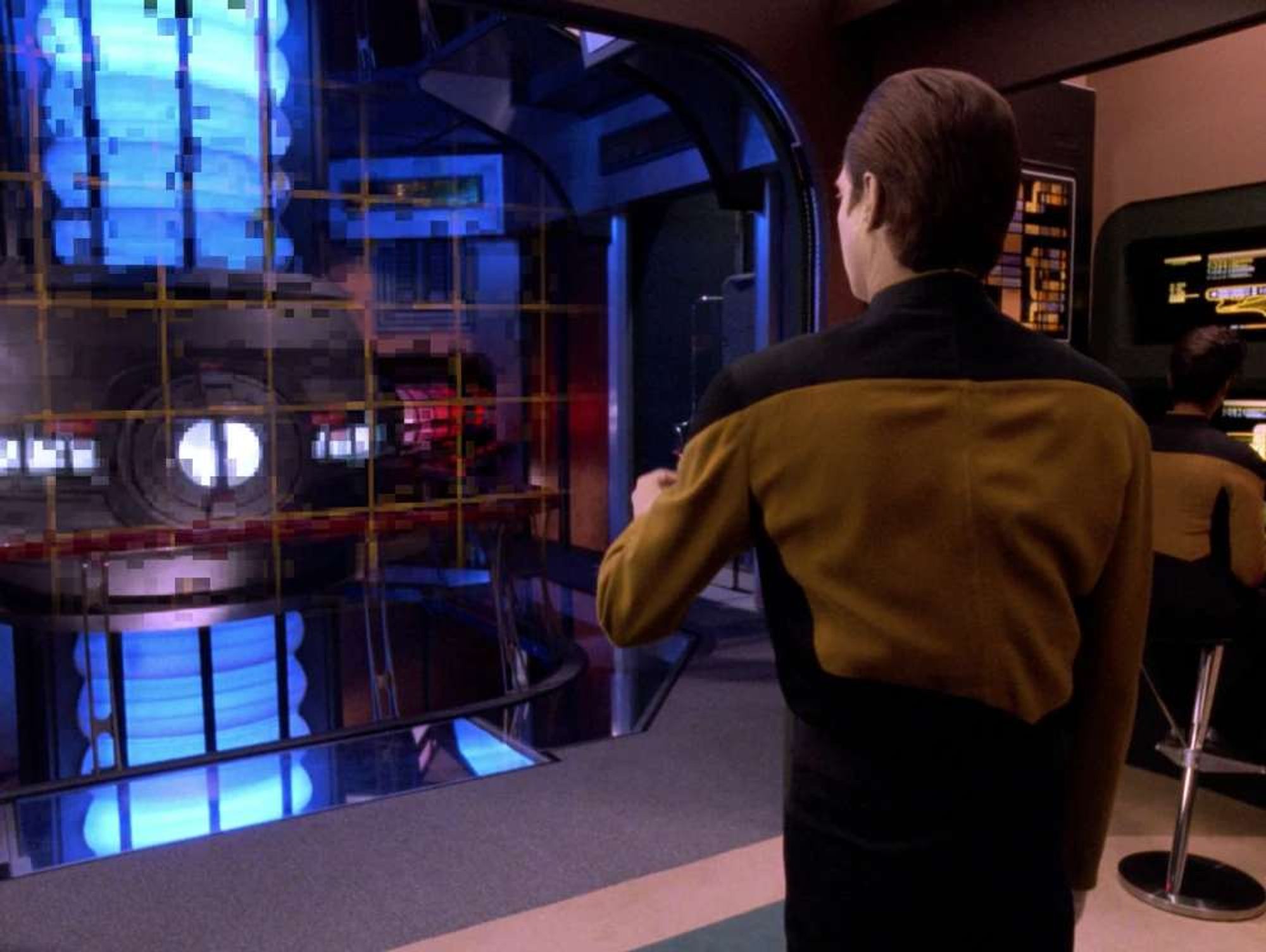 Data throws his badge at the warp core, showing the grid lines proving they are in a simulation.