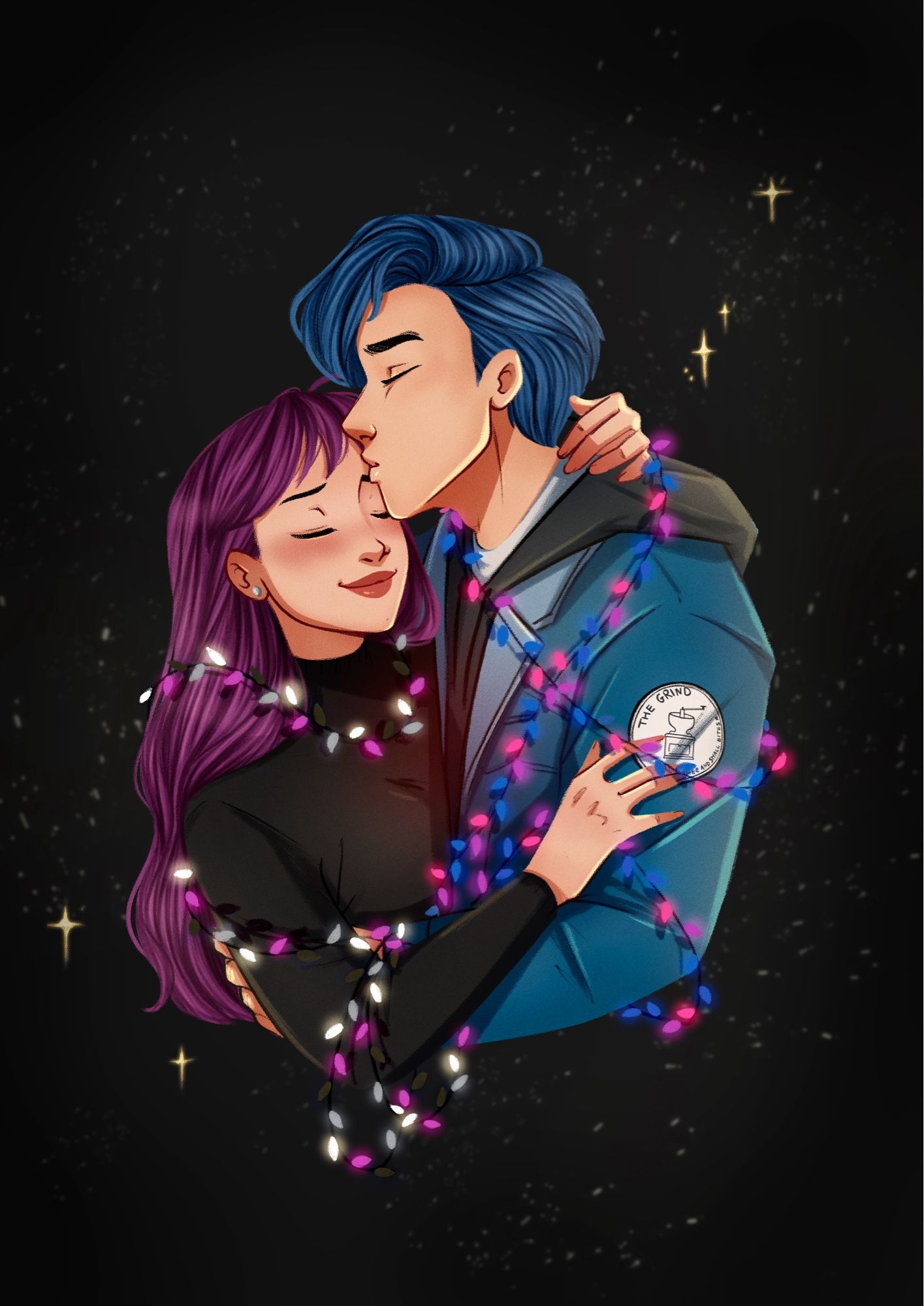 Digital art by @mayharte on Instagram showing two people embracing. One is a female character with long purple hair wearing a black turtleneck and wrapped in holiday string lights in the colors of the asexual pride flag. The other is a male character with blue hair wearing a denim jacket with a logo on the sleeve kissing her forehead. He is wrapped in holiday string lights with the bisexual pride flag colors.