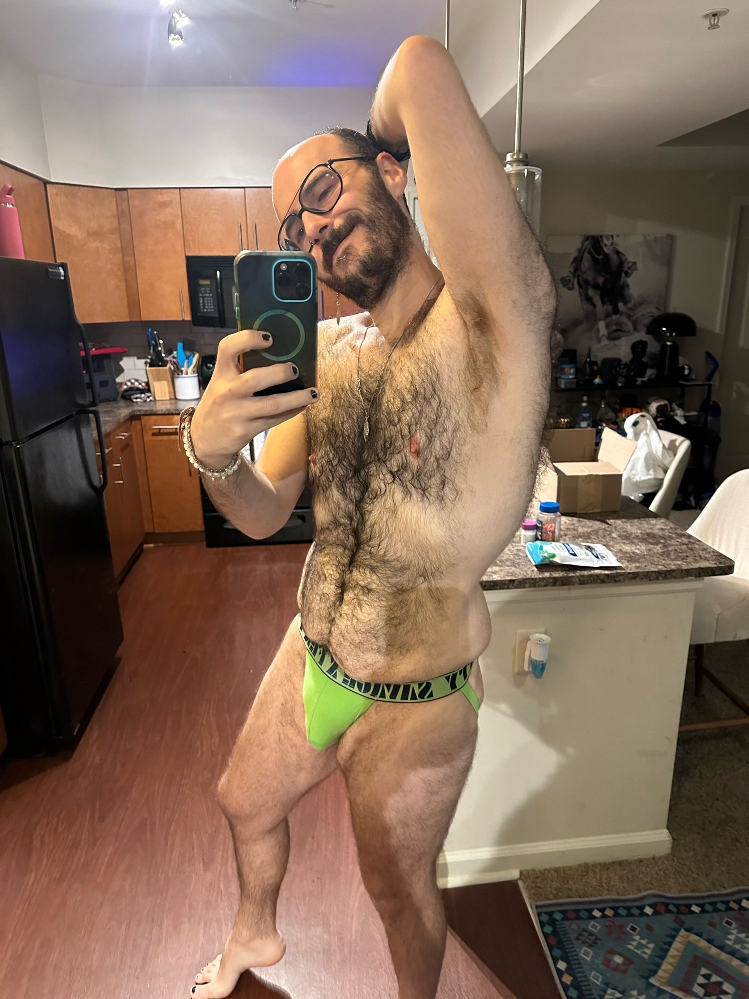 Me in my kitchen mirror in just a lime green savage fenty jockstrap