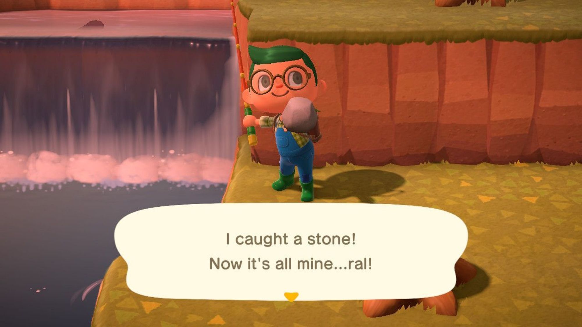 A screenshot from Animal Crossing. I was fishing and I caught a stone. My PG says: "I caught a stone! Now it's all mine...ral!" #nintendo #nintendoswitch #animalcrossing #gaymer #humour #gamer #gaygeek #gaynerd #geek #nerd #fishing