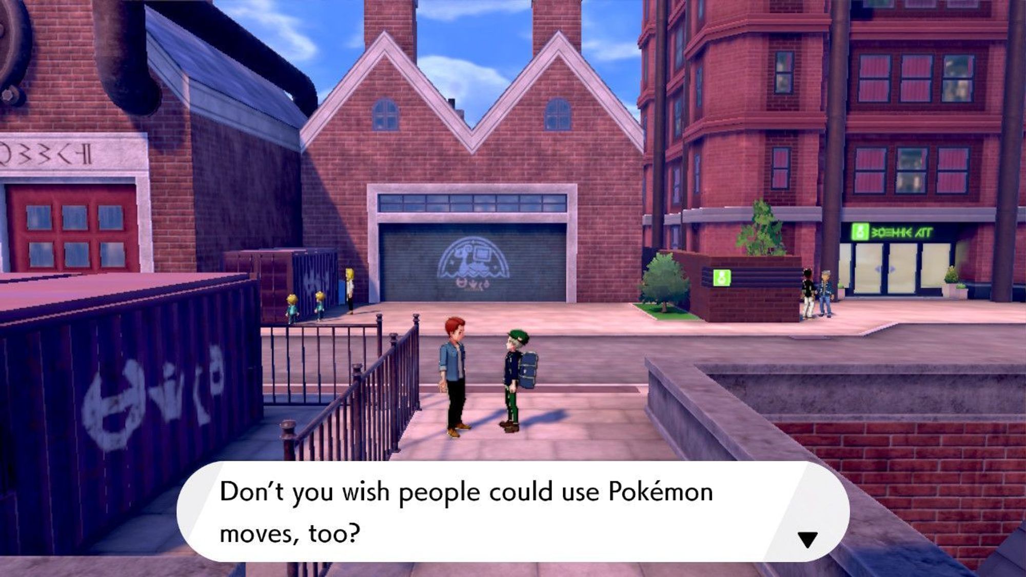 A screenshot from Pokémon Shield. They NPC I'm talking to is saying "Don't you wish people could use Pokémon moves, too?" #nintendo #pokémon #pokémonshield #pokémonsword #socialworker #socialwork