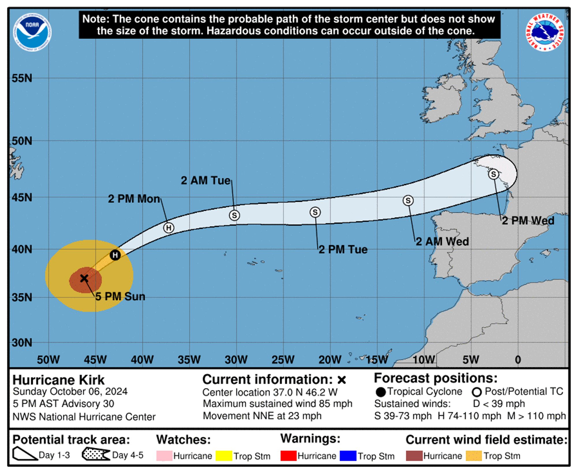 NHC NOAA graphic depicting the forecast cone of Hurricane Kirk. It projects landfall on the coast of France at 2PM Wednesday.