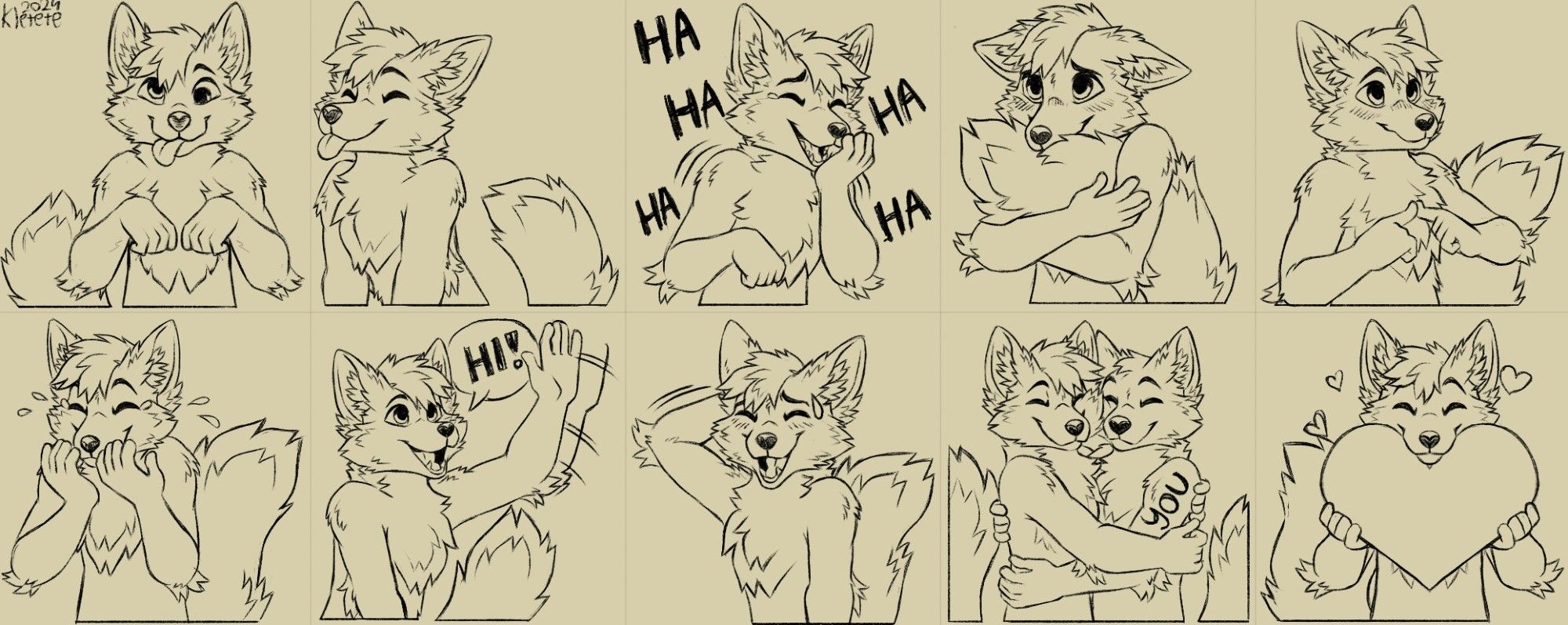 Set of 10 small sketches of a fox character shown in different positions/with various expressions.