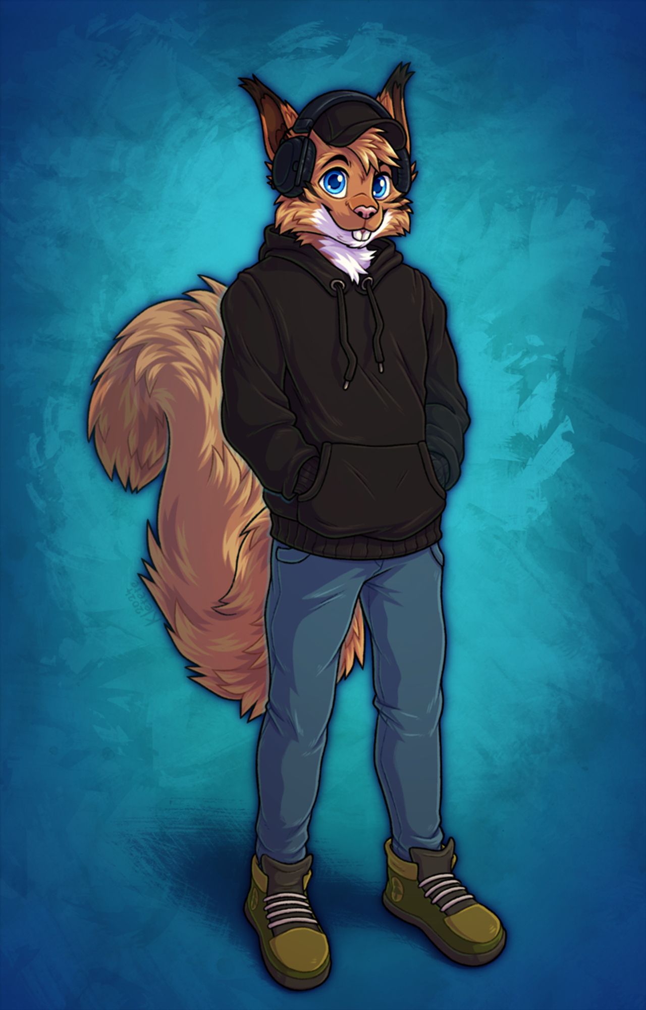 Drawing of anthro squirrel character standing and smiling, with his hands in the pockets of a hoodie, wearing cap and headphones.