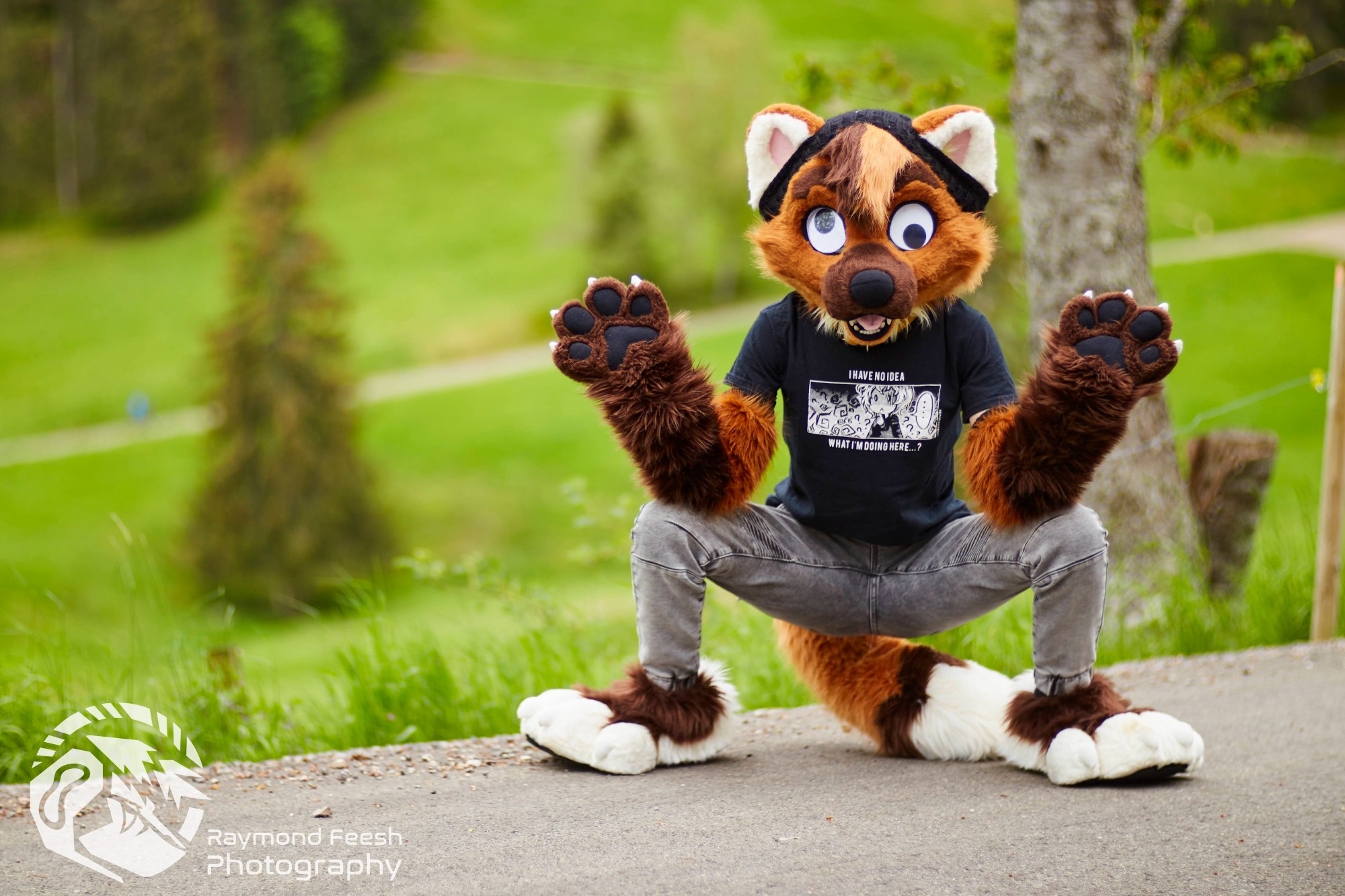 Photo of a person wearing pine marten fursuit, making funny pose and has googly eyes put on.