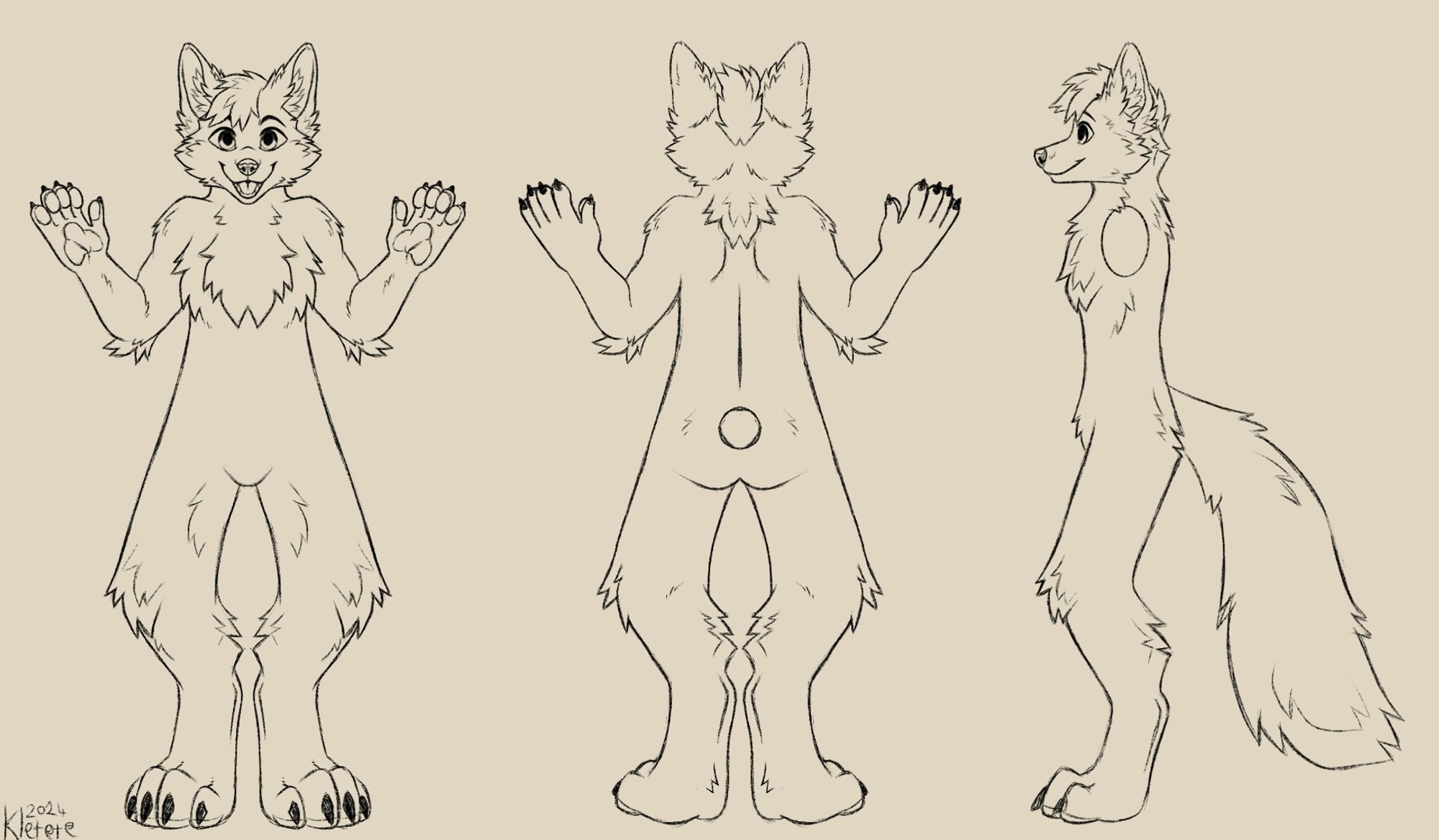 Sketch of a fox character shown from front, back and side.