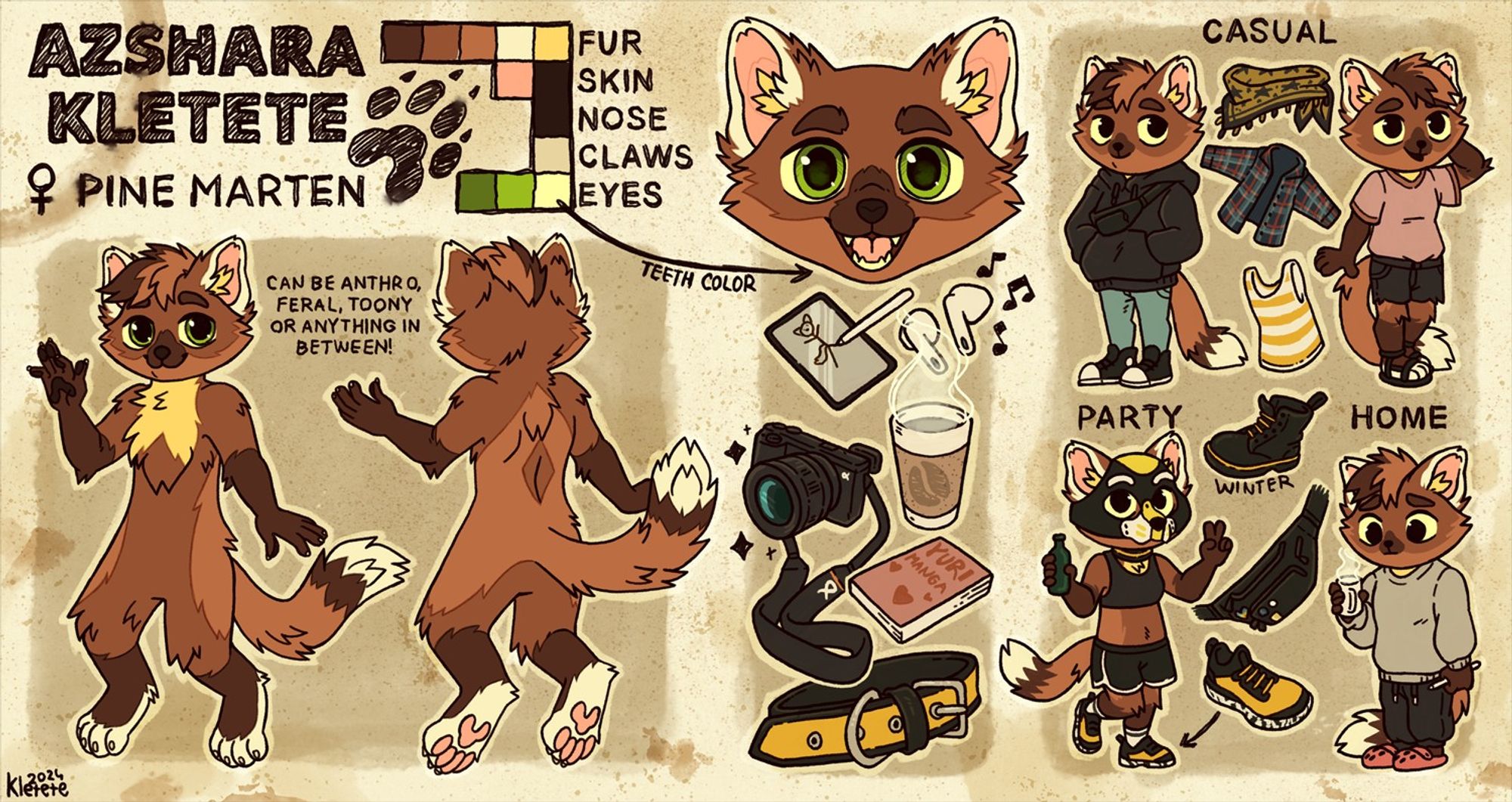 Reference sheet picture of a pine marten character, drawings show her from different angles, with different clothes etc.