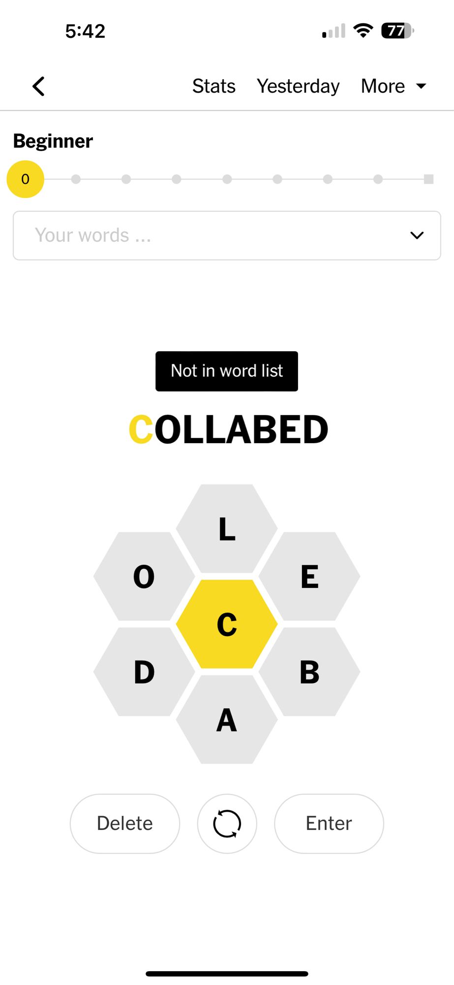 Spelling bee game says that “collabed” is not a word