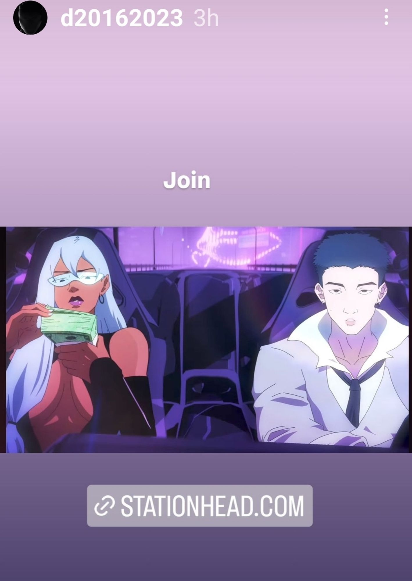 Anime versions of Megan Thee Stallion and RM in a car. The text reads Join, and the text for the Stationhead link is shown below the image.