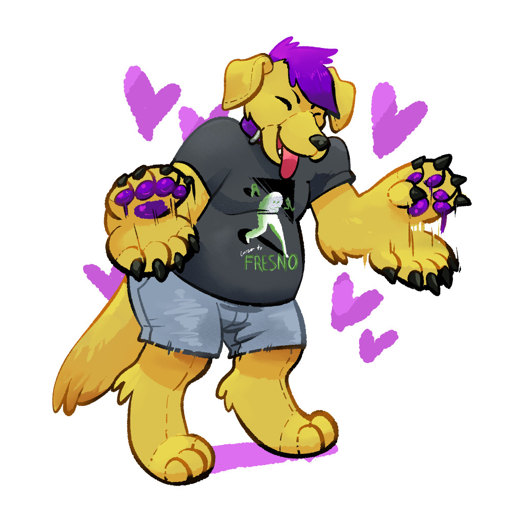 a bright yellow golden retriever plushie with purple pawpads and hair, wearing a grey shirt with a Fresno Nightcrawler on it and blue jorts flaps its paws up and down in excitement