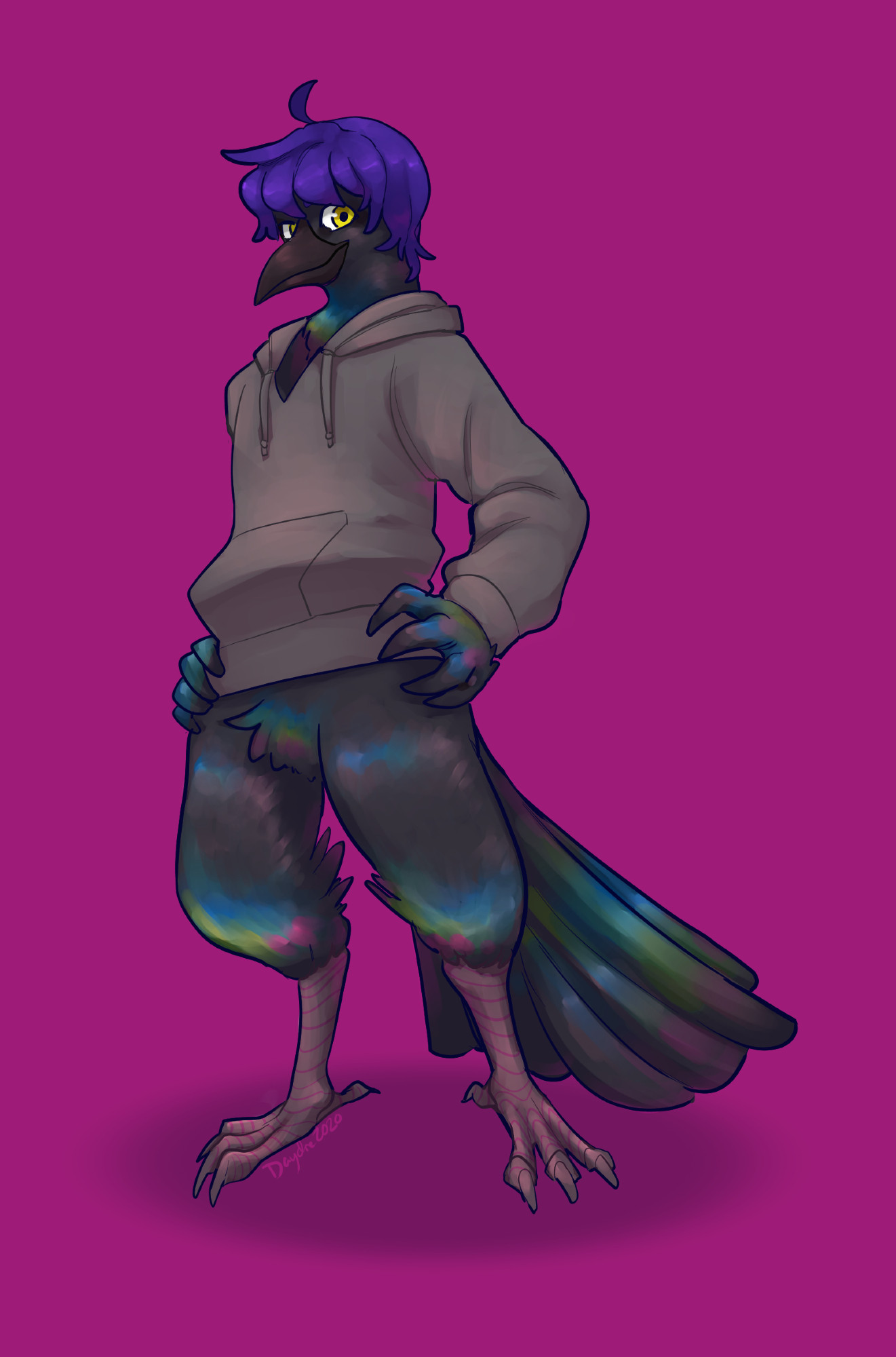 a great-tailed grackle anthro with purple hair and yellow eyes. its wearing a grey hoodie and no pants