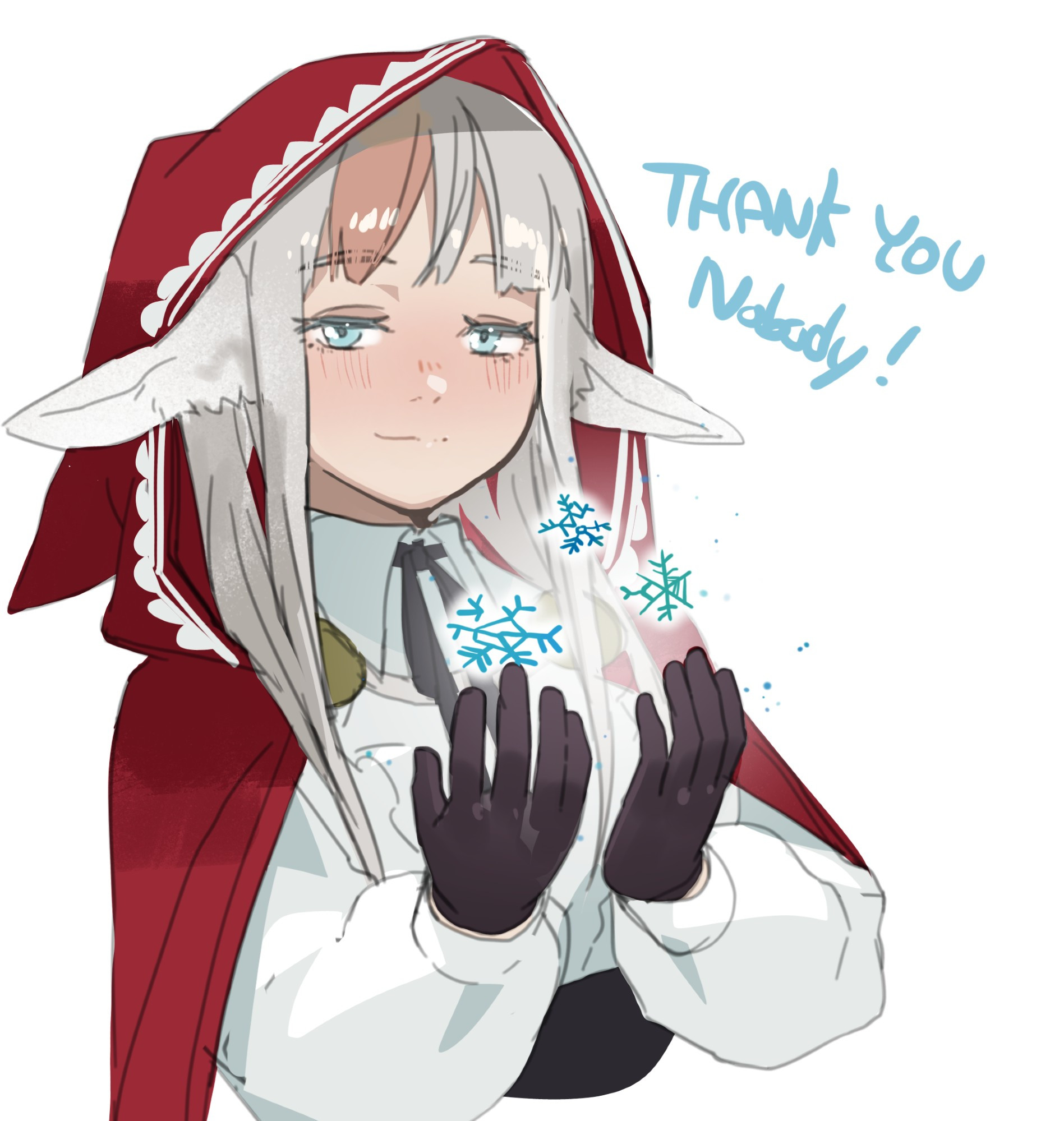 my illustration of Velouria from FE fates, bust-up. She is smiling to the camera/viewer, showing off her ice power from her hands, producing snowflakes with unordinary shapes. there is a thank-you note to "nobody" next to Velouria for their kofi donation.