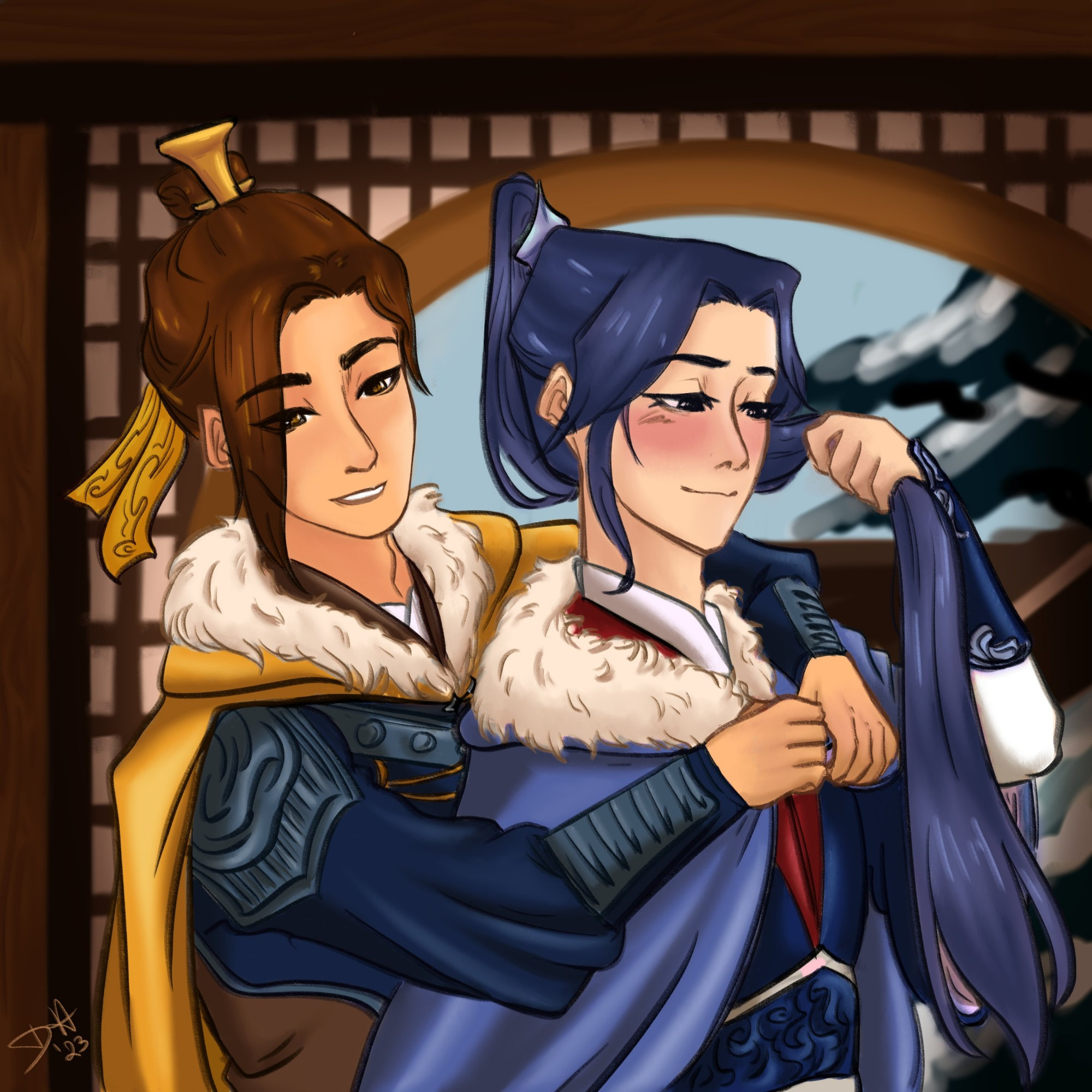 Feng Xin ties a purple fur lined robe around Mu Qing's shoulders while Mu Qing blushes and holds his hair out of the way.