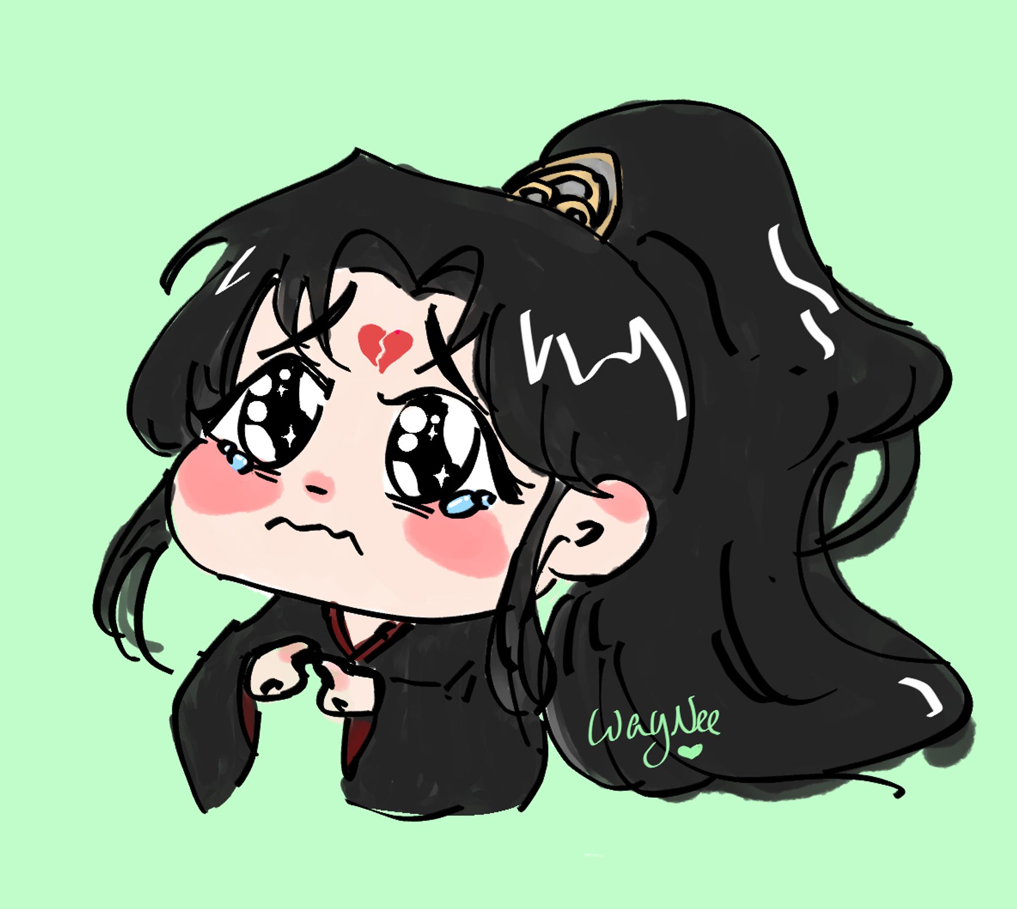 chibi coloured drawing of luo binghe looking up pleadingly, with tears in his eyes and a broken heart for his huadian