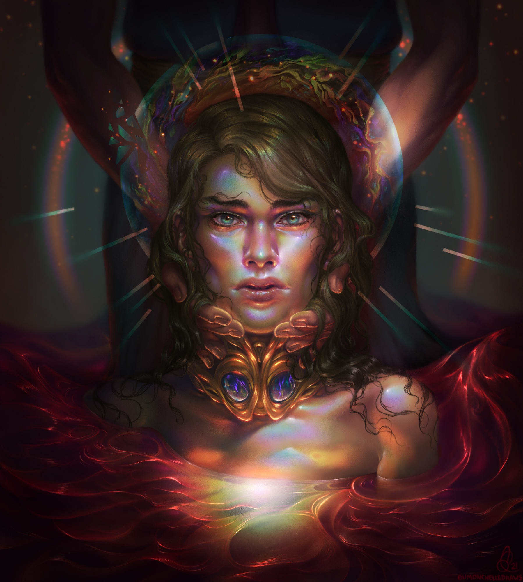 An illustration if an androgynous humanoid looking directly at the viewer. They’re wearing a gold collar with gems embedded, and they’re submerged chest deep in bright red water that looks like silk. Their chest below the surface is emitting a prismatic glow that seems to be radiating up, light shadowing the very top of his rib cage and collar bones. They’re being restrained by a person cropped at the waist, only their hands and body just barely visible, shadowed as if almost not there. Their hands are twined through the other character’s long blond hair, hands cupping their cheeks, jaw, and neck, somewhere between tender and unsettling,