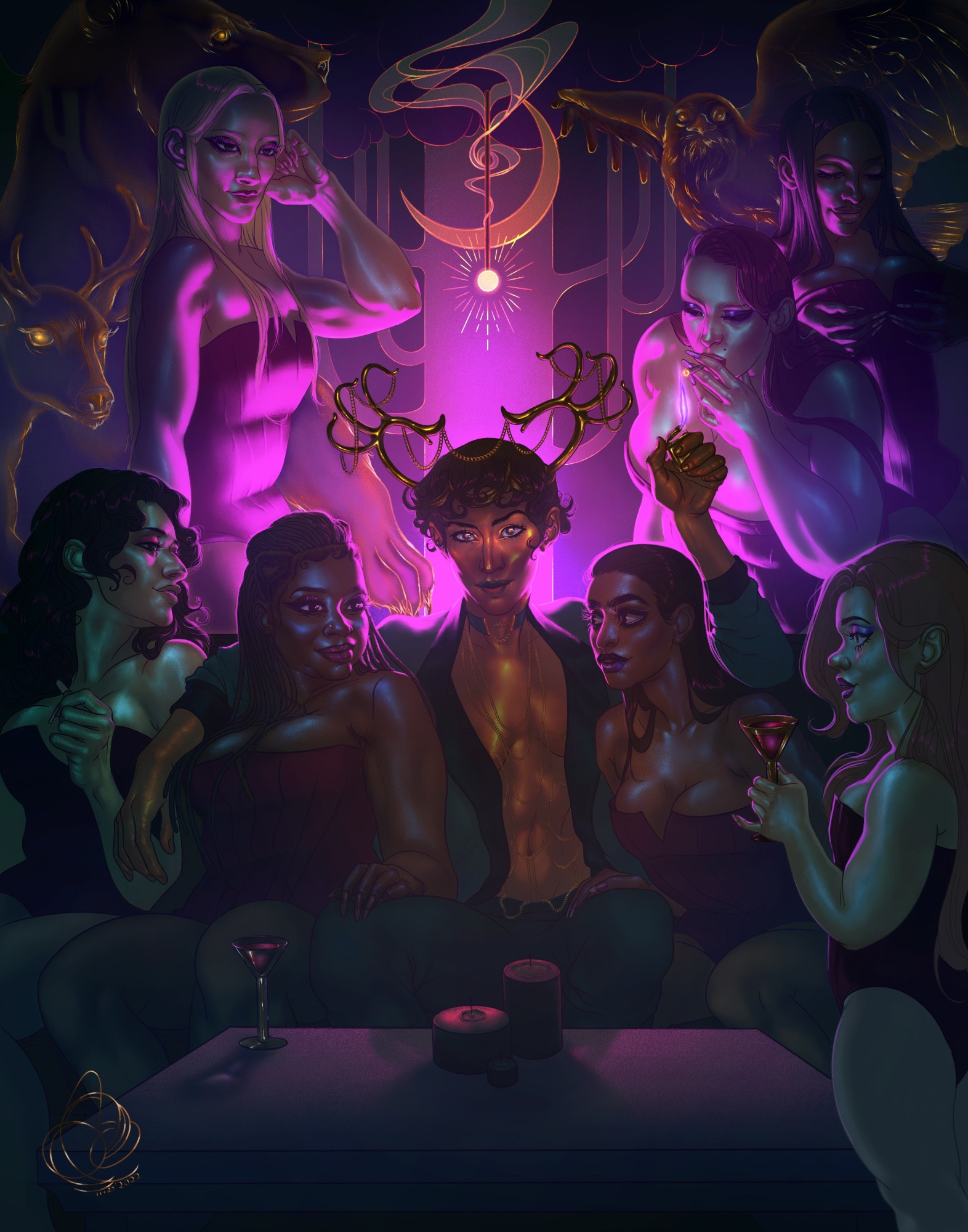 An illustration of my interpretation of Artemis and her nymphs. It’s more modern day, set in a dark club. Artemis is sitting at the center of a couch, backlit by bright pinkish purple light. Behind her the wall is decorated like a forest, with a moon and arrow symbol in the center above her head. She’s wearing a crown of golden stylized antlers, a shirtless suit, and gold body jewelry. She’s surrounded by a diverse group of women of different sizes, ethnicities, disabilities and genders, all wearing matching purple corsets. They’re all enthralled by Artemis and eachother, as Artemis stares confidently and flirtatiously at the viewer.