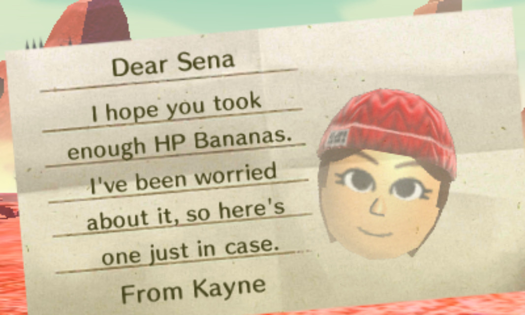 A miitopia 3DS screenshot of a letter sent by Kayne to Sena.