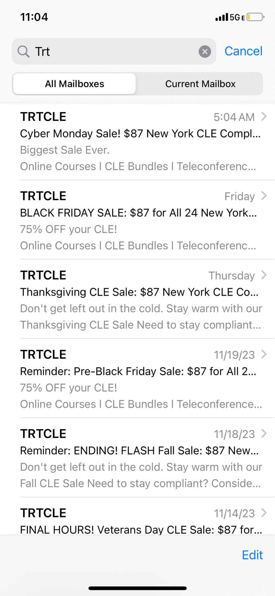 Screenshot of emails showing the same sale price from a vendor for various holidays every week or so throughout the year. 