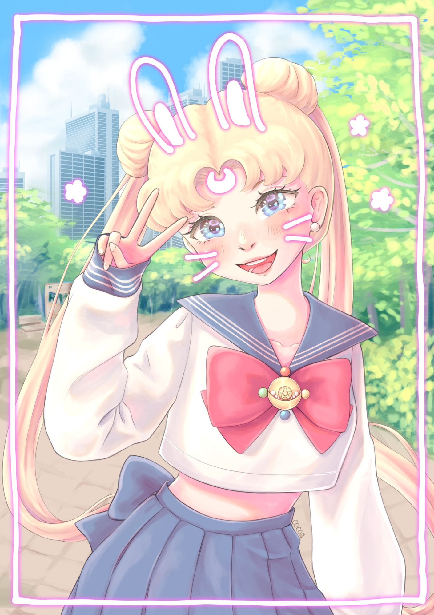 usagi tsukino from sailor moon posing for a camera in a sunny park with some cute bunny decorations