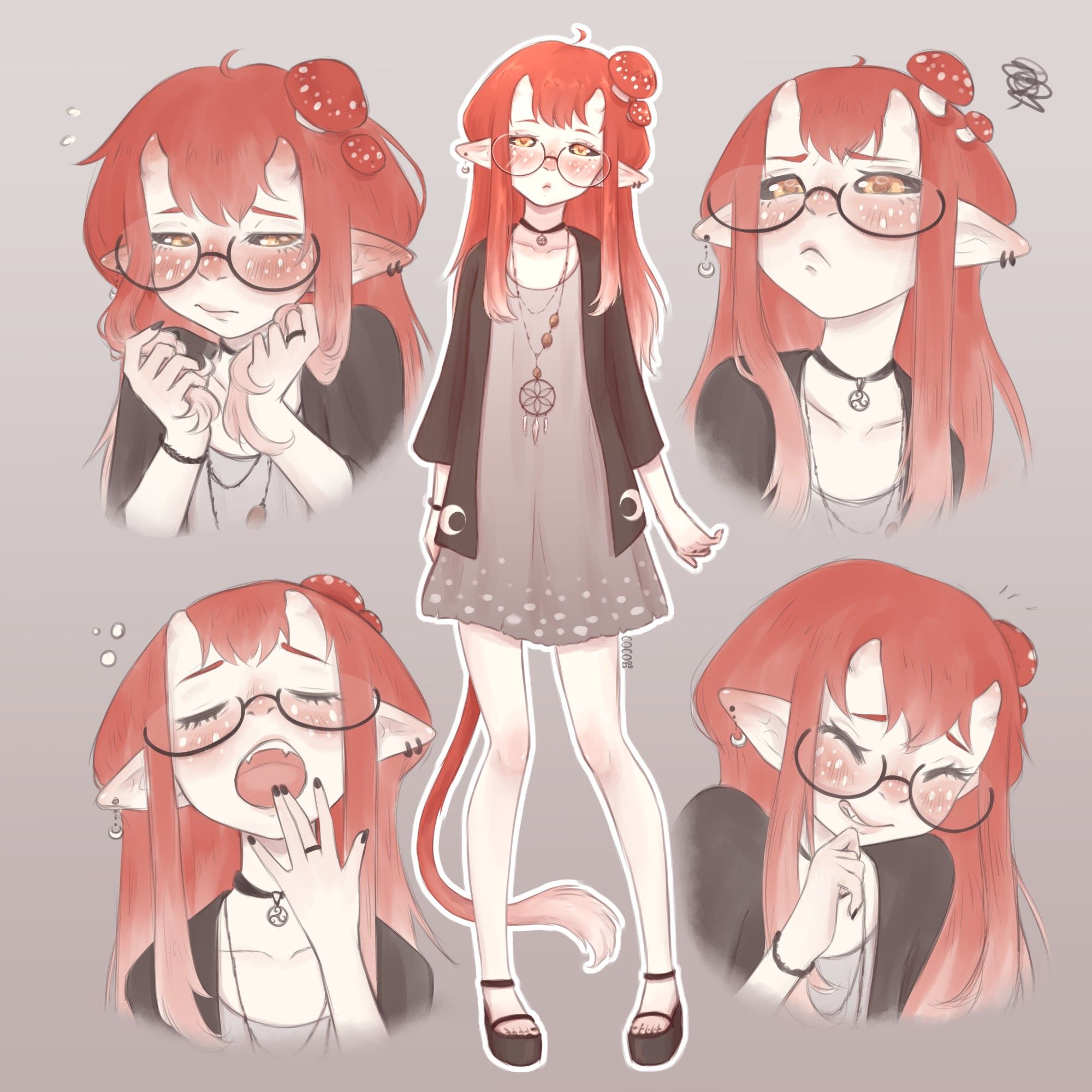 Mushroom infected demon fullbody in mid, 4 expressions in each corner