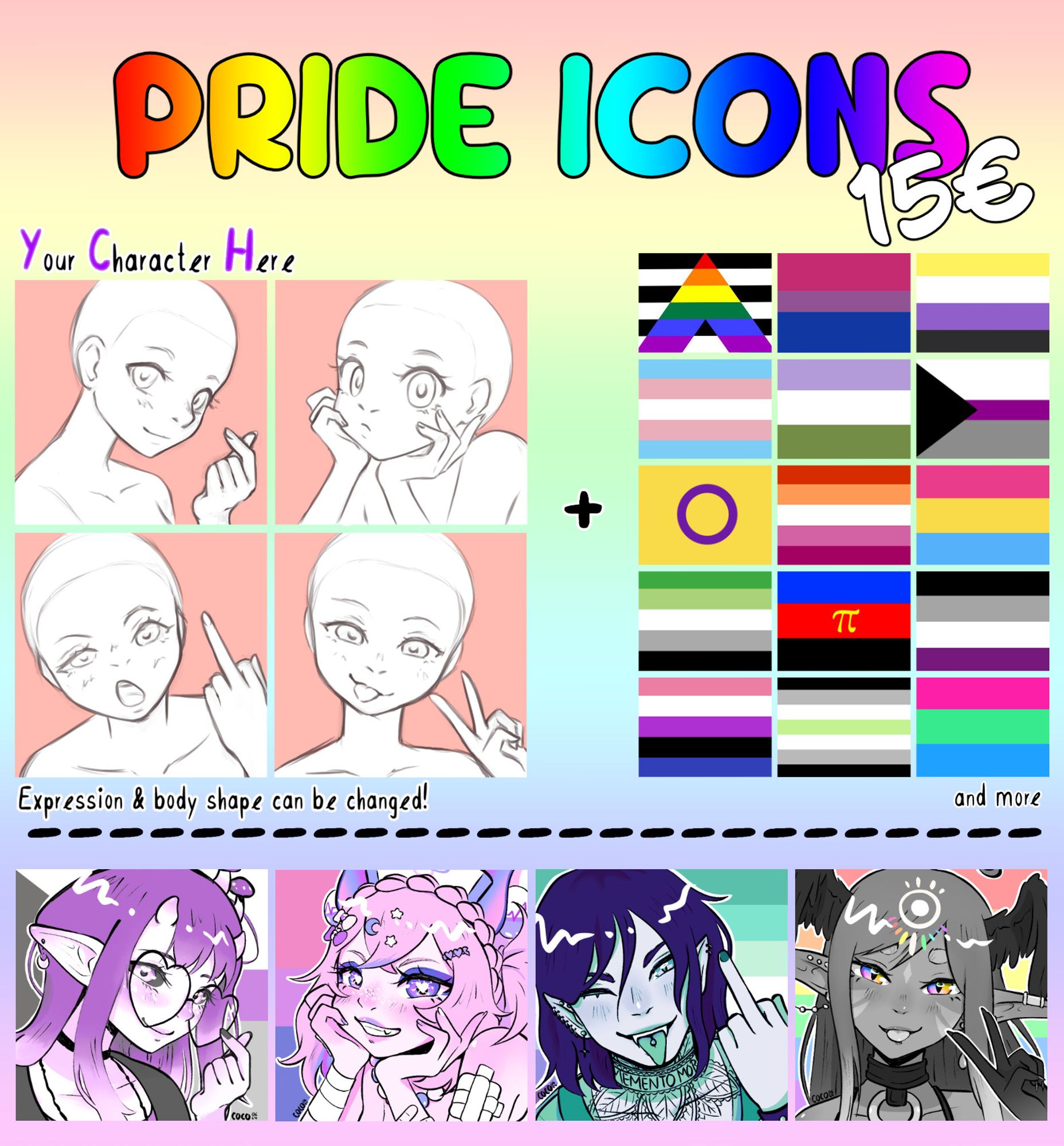 commission sheet of my pride icons in 2024