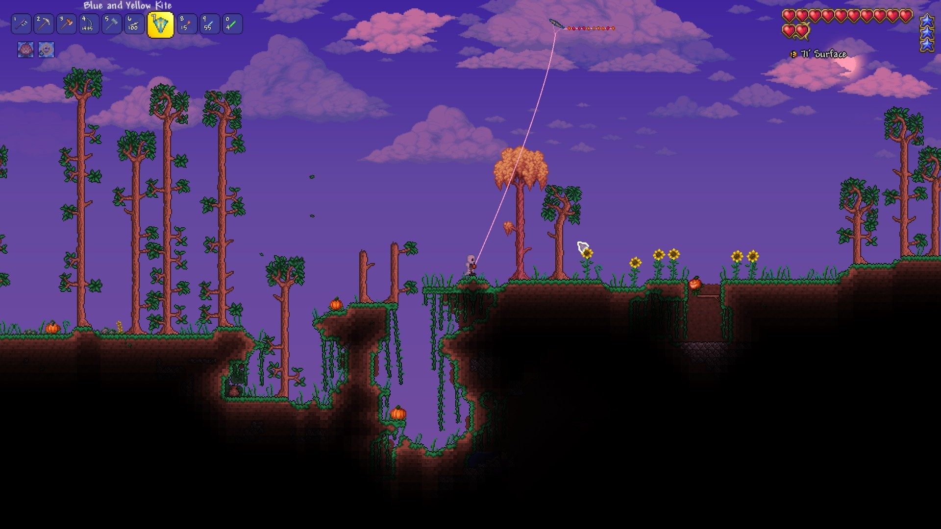 A Terraria character flying a kite on a windy day