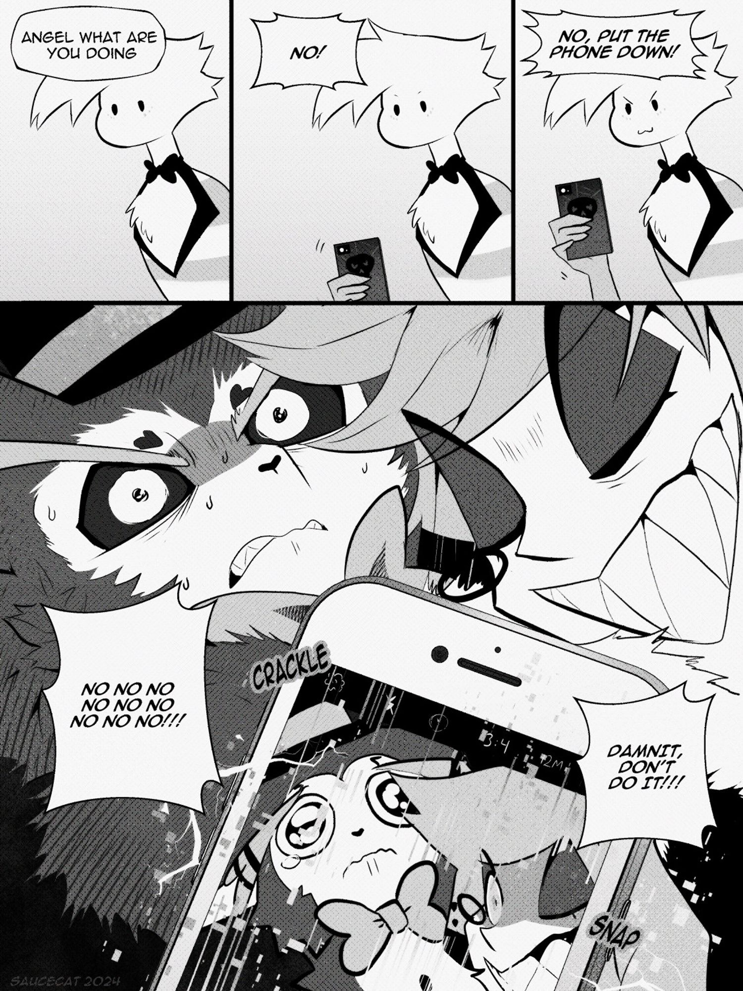 image is a comic featuring Husk, Angel and Alastor from the series Hazbin Hotel. the page includes four panels, three on top and one large one taking up the bulk of the page below. Husk continues to talk [illustrated in multiple text bubbles] in the top three panels: "Angel, what are you doing." "No!"  The top three panels are near-identical, showing Angel drawn in a simplified style slowly raising his cell phone towards Husk and Alastor progressively over the three panels. "No, put the phone down!", Husk says in a text bubble. The bottom image shows Alastor passed out on top of a frazzled Husk. Husk's fur is standing up on edge as his face contorts with panic. Close to the viewer is Angel's cell phone showing the open camera. The phone is glitching, indicated with comic onomatopoeias, and distorted effects. The image shown on Angel's phone screen differs from the scene behind it, showing a sad, big-eyed Husk next to a Very awake Alastor glaring at Angel with one eye open threateningly