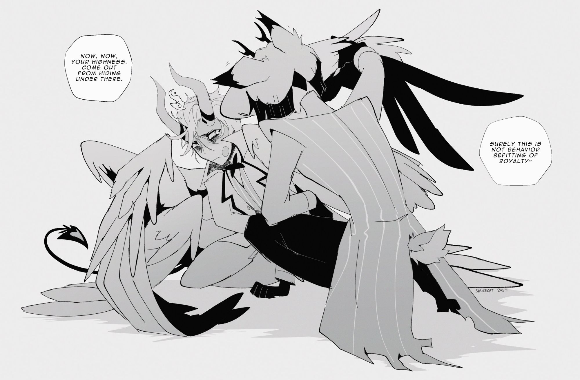 Image is a black and white sketch of the characters Lucifer and Alastor from the series Hazbin Hotel. Lucifer is drawn in his demonic form, his hat absent, sitting on the ground with his wings loosely draped around his body. Alastor, facing away from the viewer and towards Lucifer, is coyly holding up one wing that had presumably hidden him prior. There are two dialogue bubbles from Alastor reading; "Now, now, Your Highness. Come out from hiding under there." "Surely this is not behavior befitting of royalty."