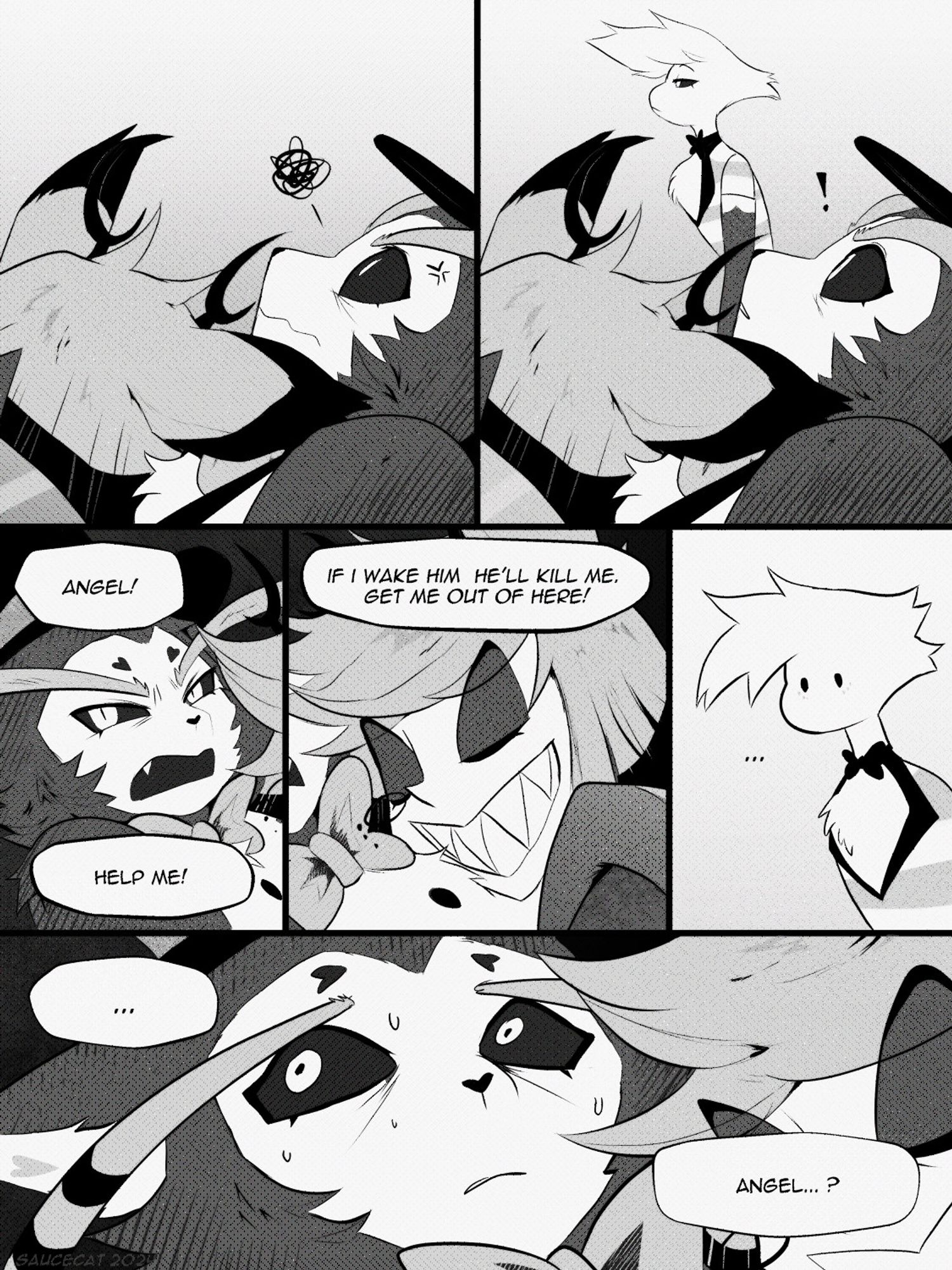 image is a comic featuring Husk, Angel, and Alastor from the series Hazbin Hotel. there are six panels: two on top, three in the middle, and one at the bottom. the top two panels feature Husk lying angrily on the sofa with Alastor, facing away, passed out on top of him. the second panel shows Husk noticing Angel walking by. the first middle panel shows Husk's face, with two text bubbles reading: "Angel!" and "Help me!". The next panel is a view of Alastor's sleeping face with a Husk's text bubble above him reading "If I wake him up he'll kill me. Get me out of here!". The third shows Angel drawn in a simplified style, staring vacantly back at the two with a "...". The bottom panel is zoomed on Husk's face with two text bubbles: "...", "Angel...?"