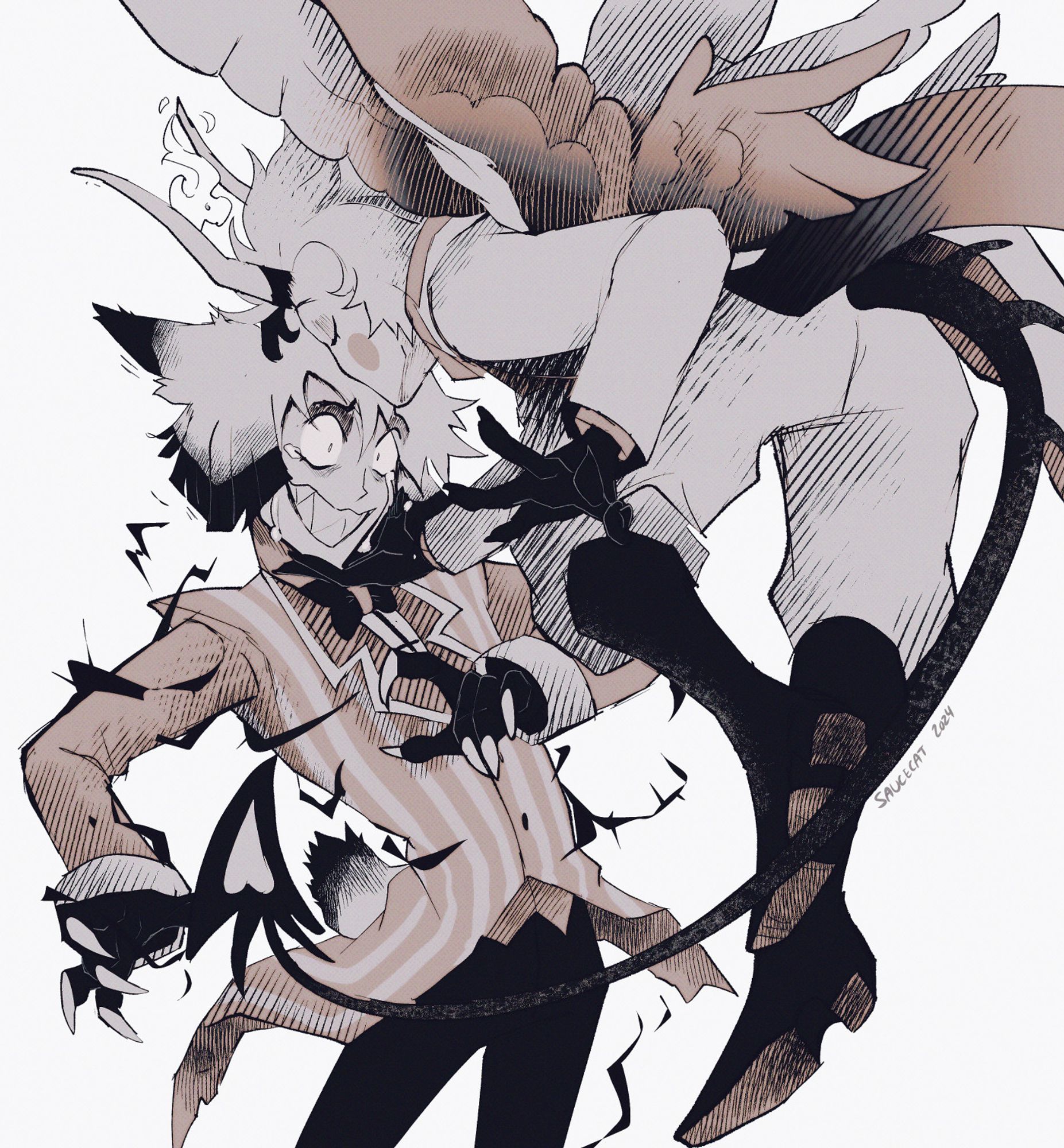 image is a sketch of Alastor and Lucifer from the series Hazbin Hotel, coloured in a mix of sepia and black and white tones. Lucifer is featured in his demonic form, wings out and floating just slightly higher than Alastor to place a kiss on his forehead. Alastor's eyes are wide with tears streaming down his cheeks. His grin is large as always. Thin, jagged black shadows wrap around his body in short strips. While Lucifer's expression is calm with his eyes gently closed, Alastor appears wickedly distressed at the situation. #hazbinhotel #hazbinhotelfanart