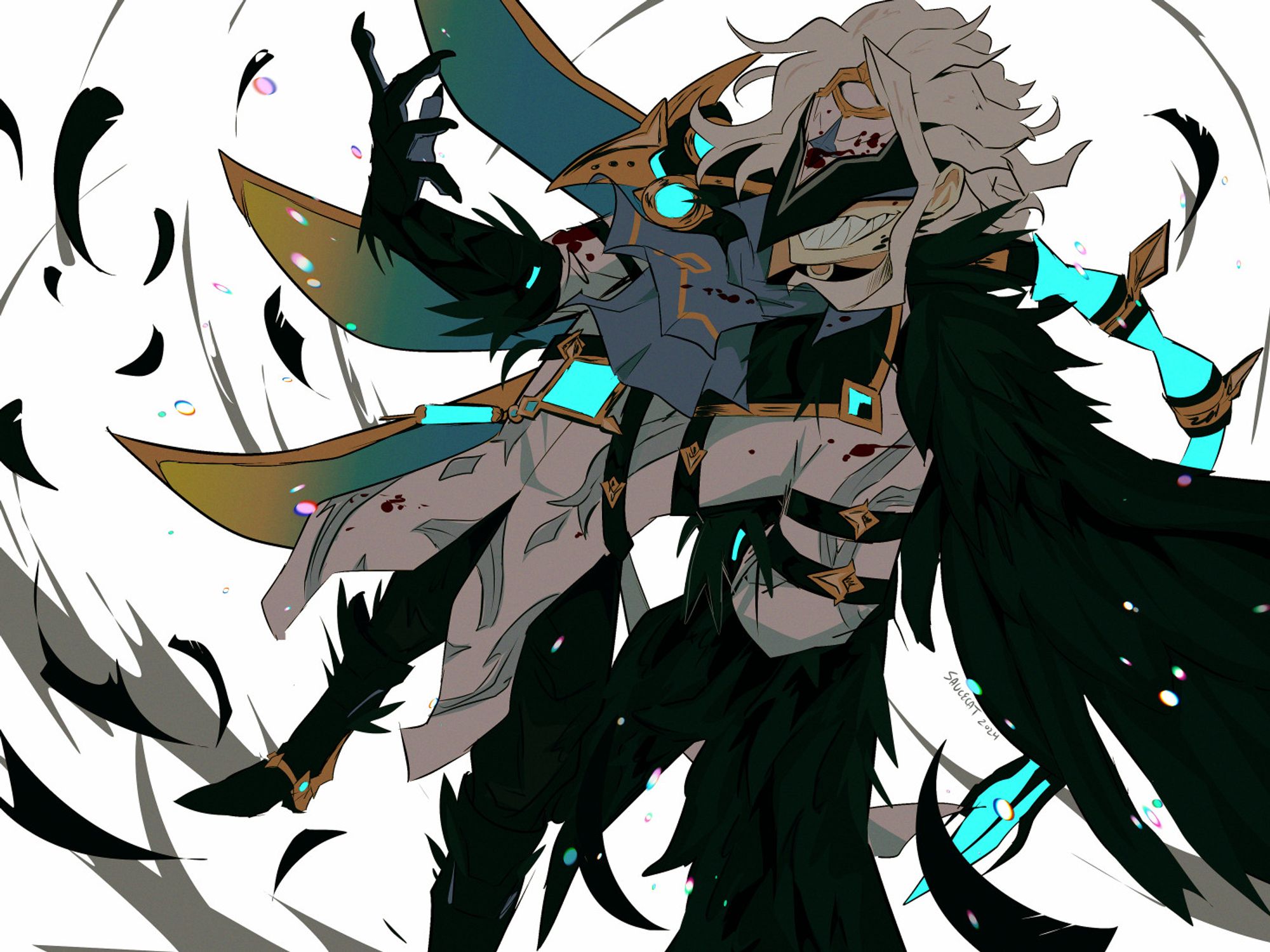 image is a coloured sketch of Il Dottore from the game Genshin Impact. The viewer is looking at him from a slight-overhead angle. He is standing against a white backdrop, one hand behind his back and the other extended in front of him. Il Dottore is grinning wickedly, black feathers whipping about in a flurry of wind. His normal dark plumage accessory on his shoulder has been replaced with three black wings to parallel his gold and blue feathers on the other side. Il Dottore also has black feathers protruding from his gloves, boots, coat, and jawline. #genshinimpact #genshinimpactfanart