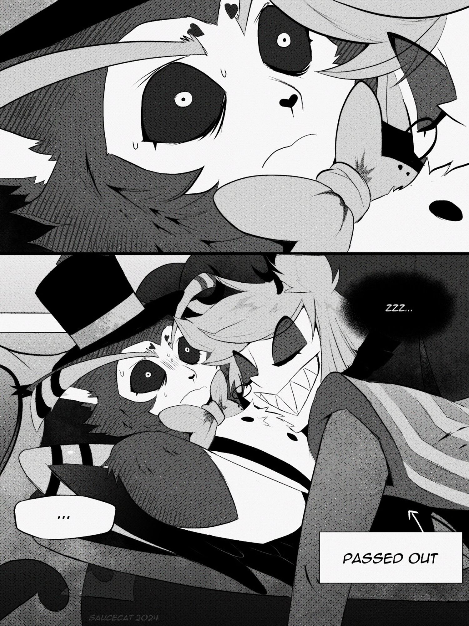 image is a comic featuring Husk and Alastor from the series Hazbin Hotel. there are two panels splitting the page in half. the top panel shows a zoomed in view of Husk's face, looking gravely concerned with beads of sweat on his brow. the second panel is zoomed out, showing Husk lying on a sofa in the hotel lounge with a sleeping Alastor draped over him. The second panel includes a dark text bubble next to Alastor reading "zzz...", a light text bubble next to Husk reading "...", and a descriptive text box with an arrow pointing to Alastor reading "passed out". #hazbin #hazbinhotel