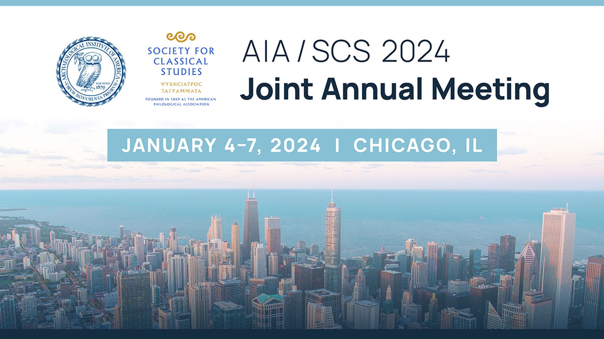 AIA/SCS 2024 Joint Annual Meeting, January 4–7, 2024, Chicago, IL, with a photo of Chicago