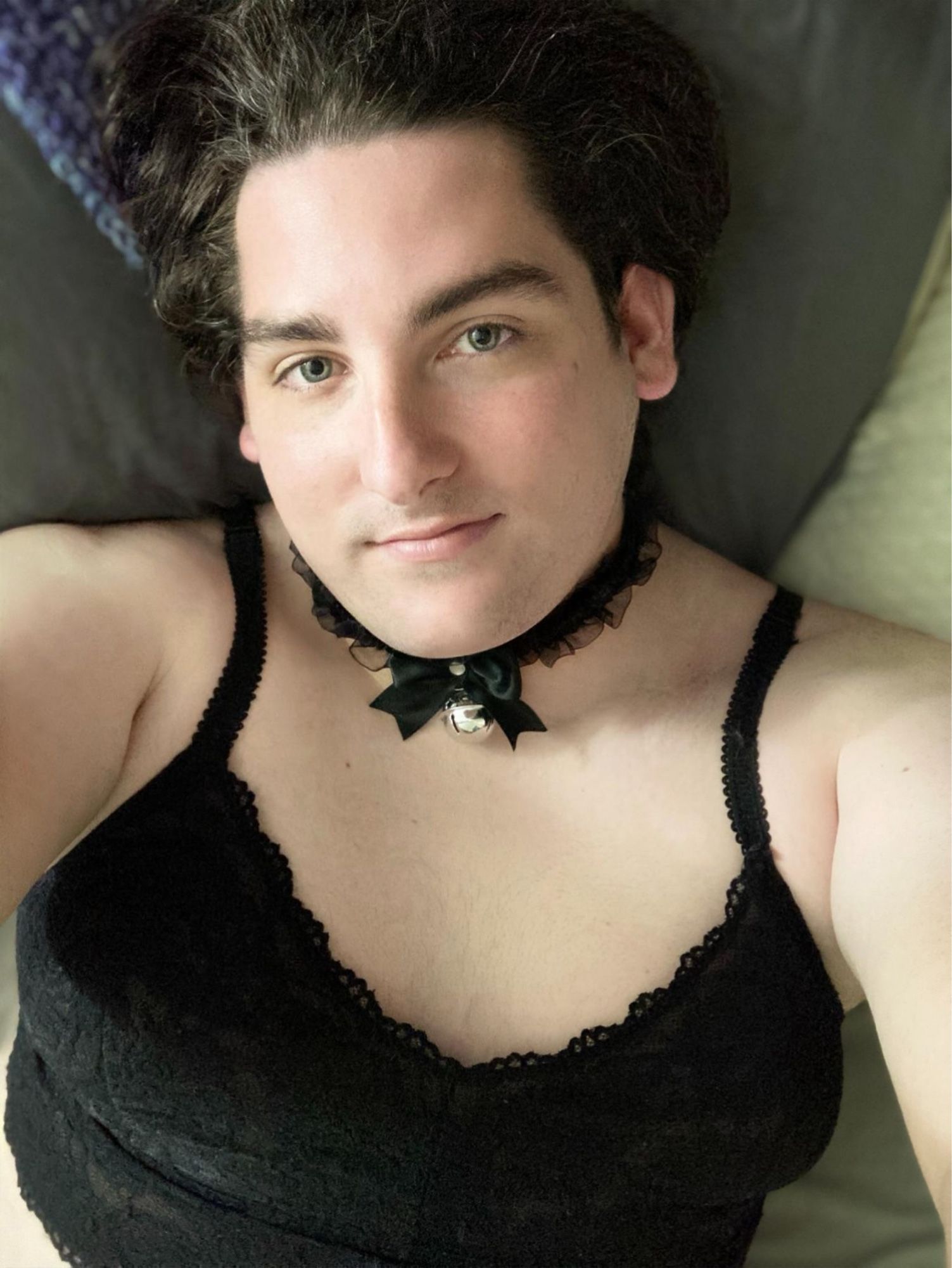 Me in a lacy bralette and kitten choker with bell