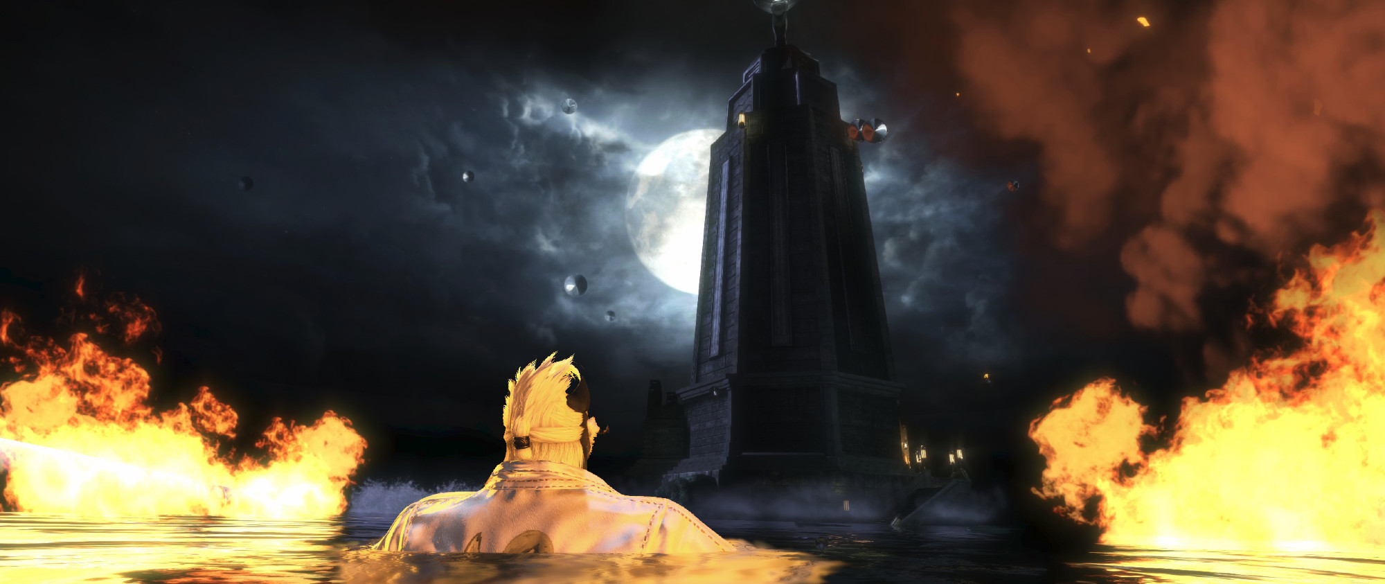 He looks up to see the lighthouse that leads down to Rapture (Bioshock)