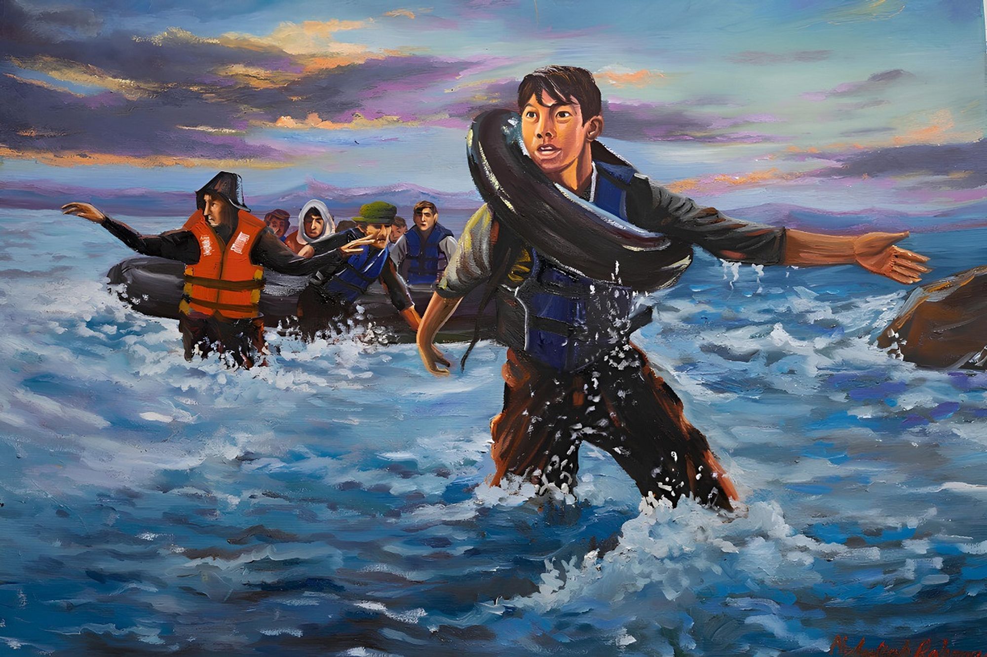 Légende : Sans titre, peinture d'Abdullah Rahmani, 2020. Reproduit avec l'autorisation de l'artiste.

Description : Un jeune homme se tient dans les vagues jusqu'aux genoux au centre de la photo, un pneu intertube autour de lui. À l’arrière-plan se trouve un canot pneumatique avec une poignée de personnes encore à l’intérieur, et un homme portant un gilet de sauvetage orange s’éloignant du radeau.