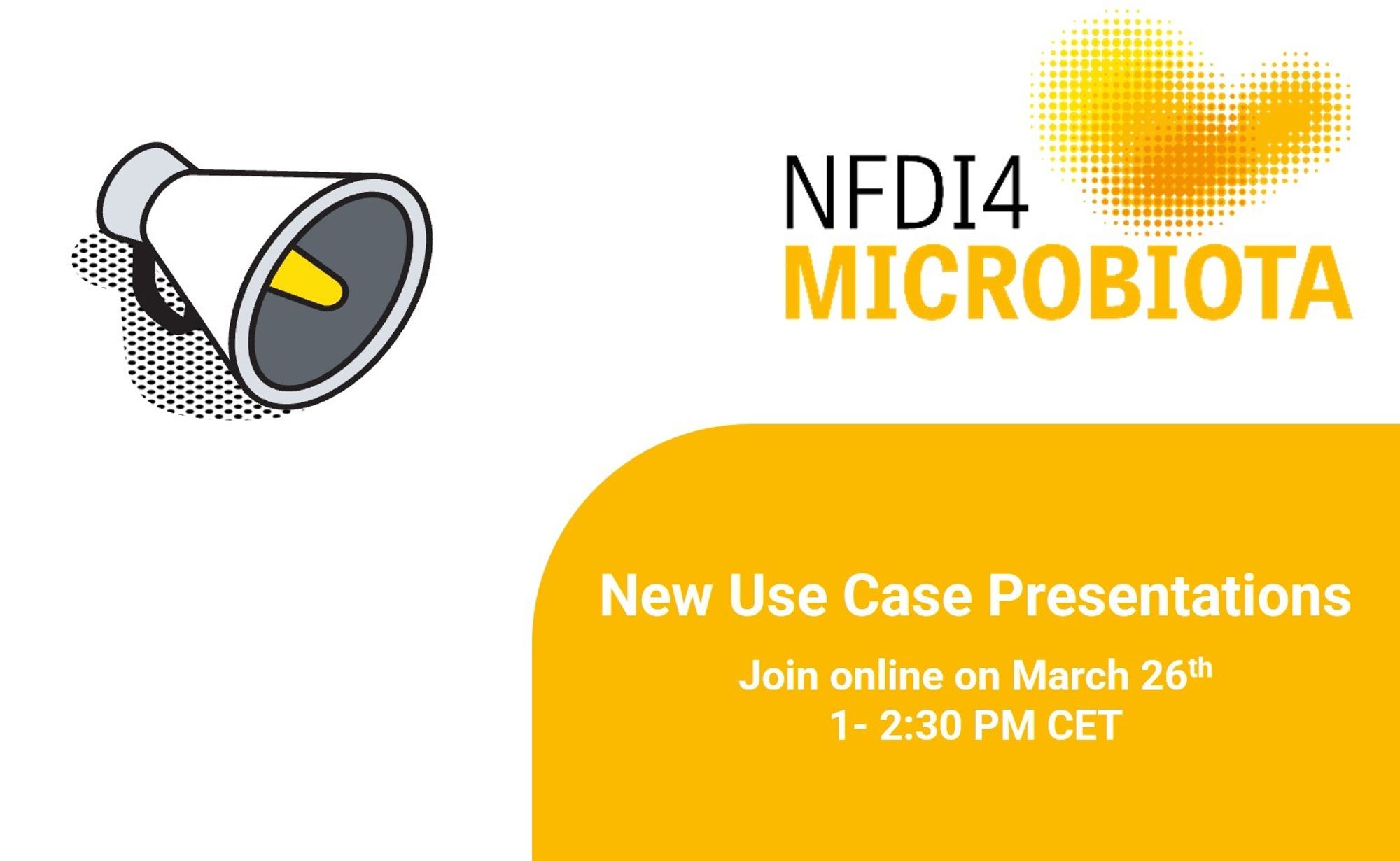 The picture shows the logo of NFDI4Microbiota and a megaphone.