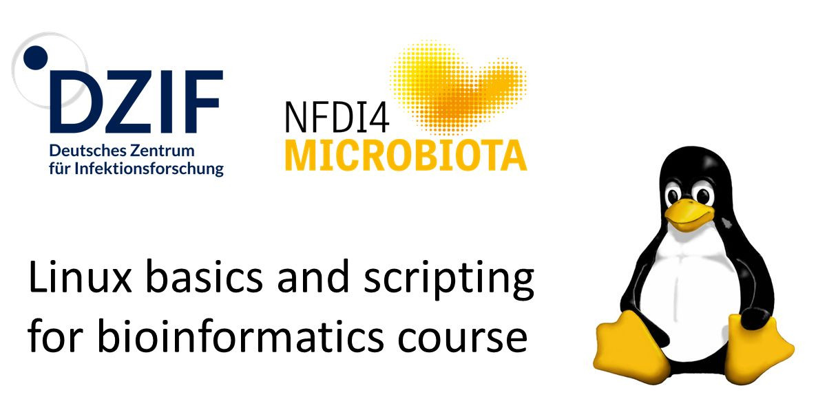 The image shows the DZF (German Centre for Infection Research) logo, the NFDI4Microbiota (National Research Data Infrastructure) and below a text: Linux basics and bioinformatics course. Next to that is the Linux mascot: Tux the penguin by Linus Torvalds. 