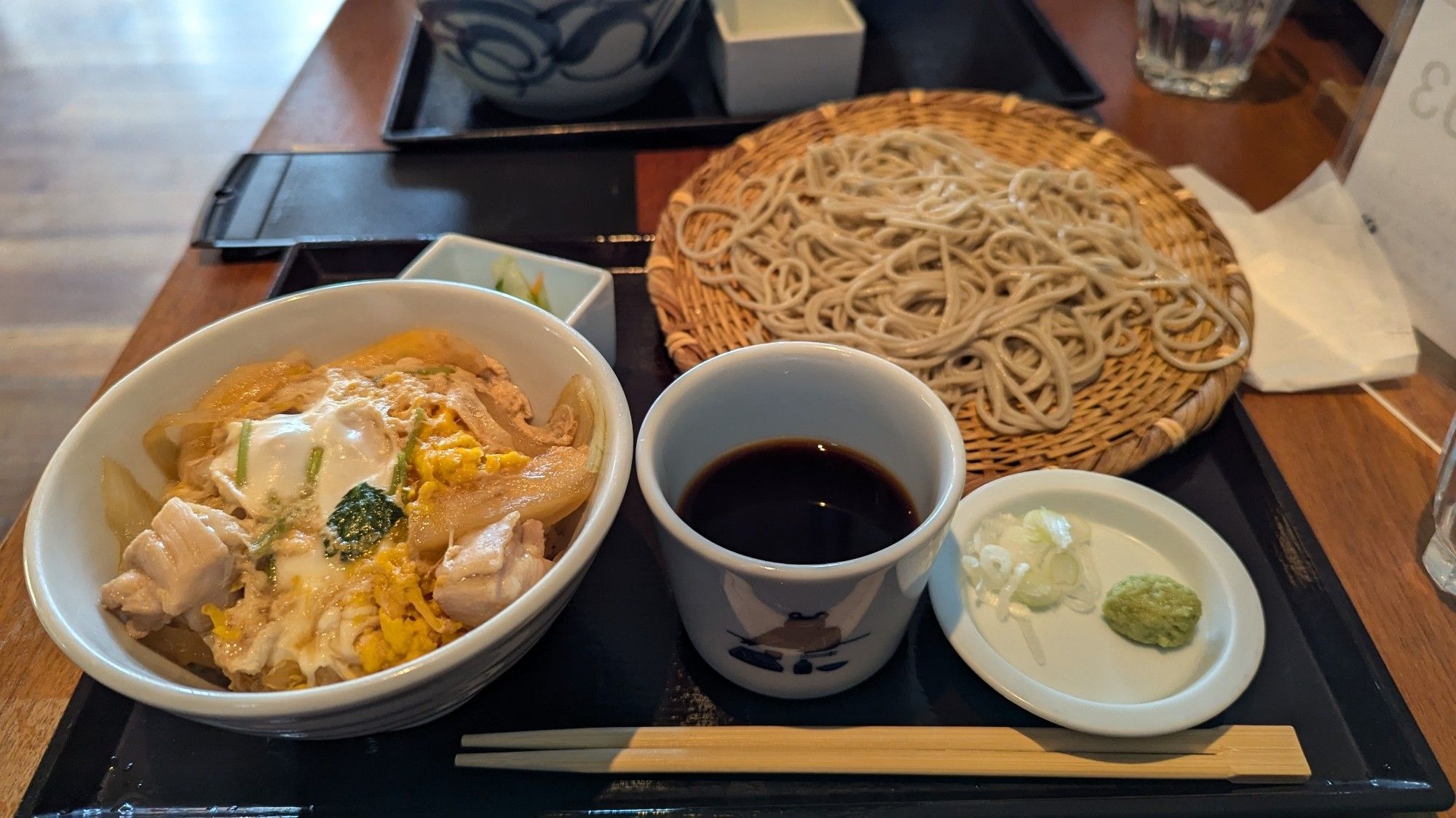 Japanese lunch in Tokyo. 
Soba with chicken/egg/rice.