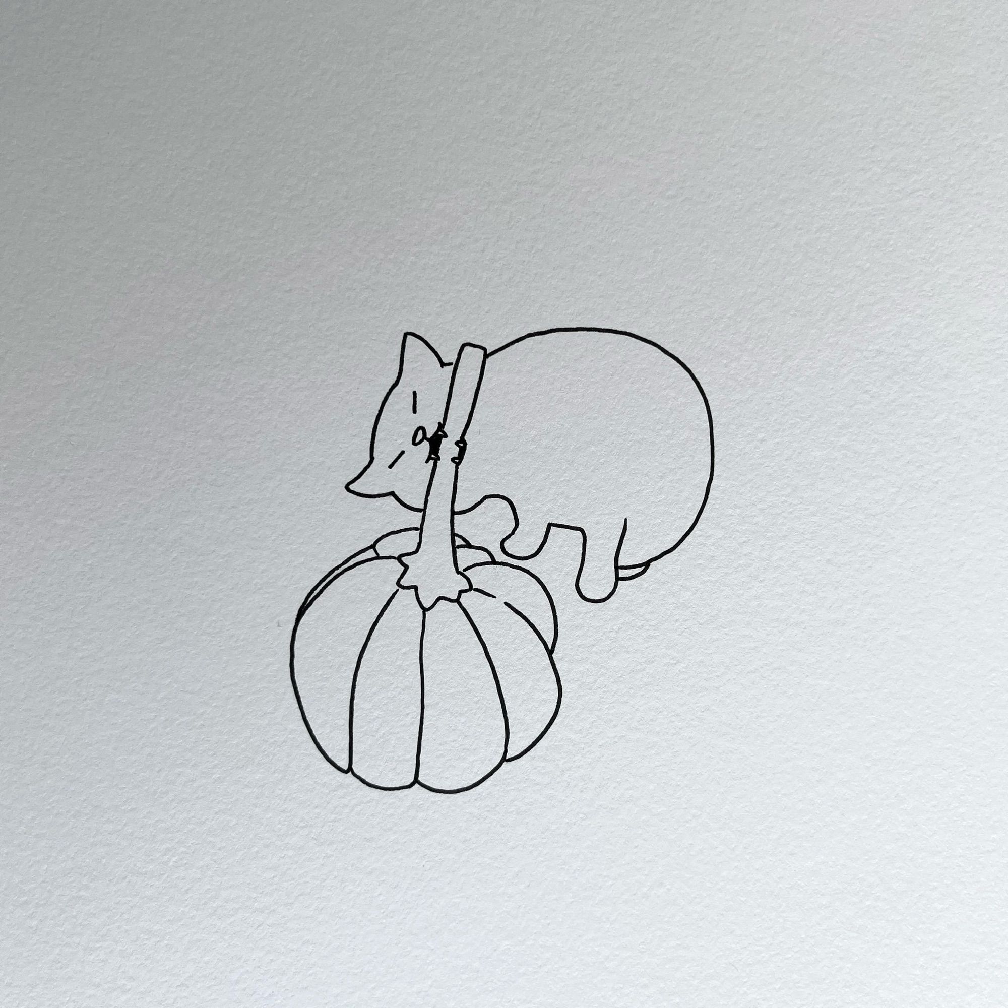 a poorly drawn cat made with black pen in a high textured paper, the drawing shows a cat biting a pumpkin stem - you can see for teeth biting the stem!