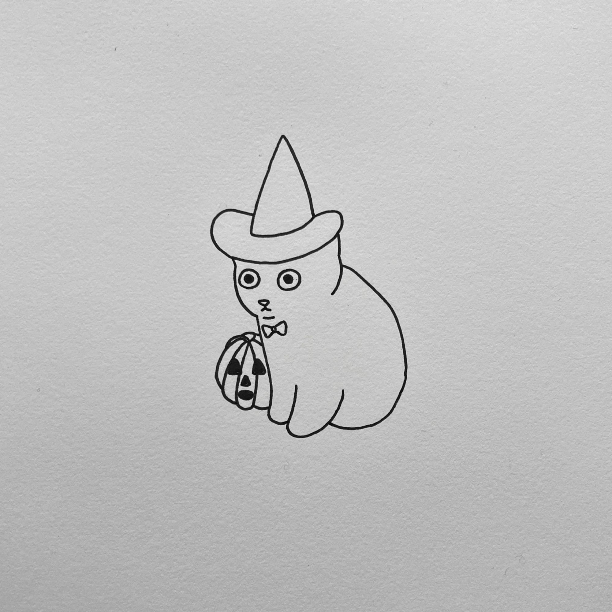 a poorly drawn cat made with black pen in a high textured paper. it shows a little kitten with a witch hat and a bowtie, the kitten is looking a little impatient, it’s with a little pumpkin at its side and waiting for halloween to come