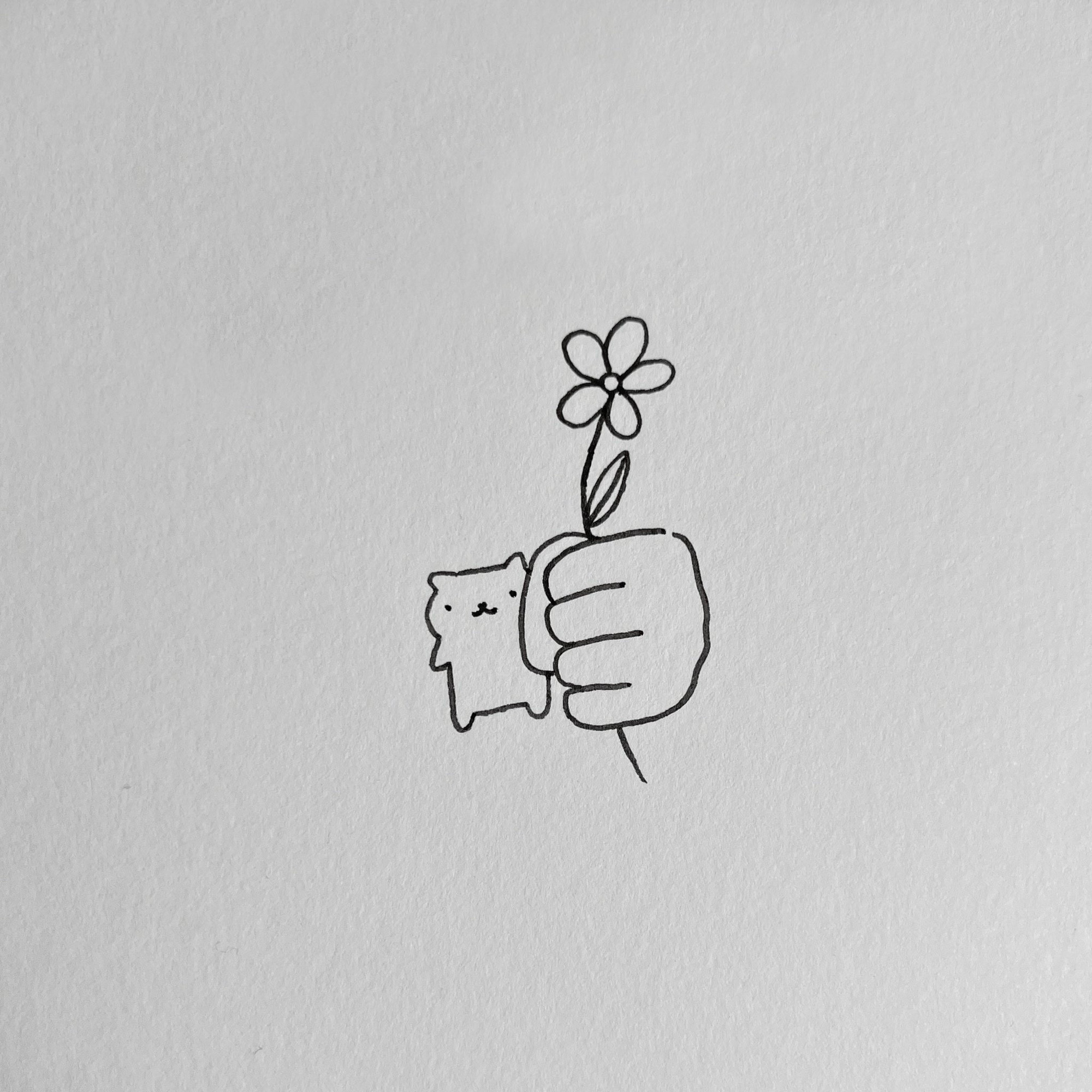 a poorly drawn cat with a human hand holding a flower - the drawing is made with black pen on a high textured paper