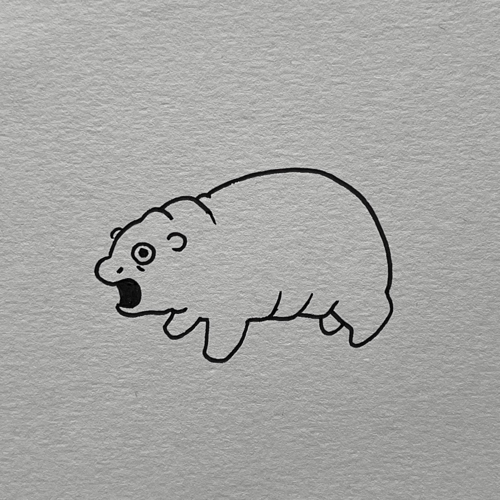 a poorly drawn hippo (moo deng) made with black pen on a high textured paper, the hippo is very round and she’s looking a little scared