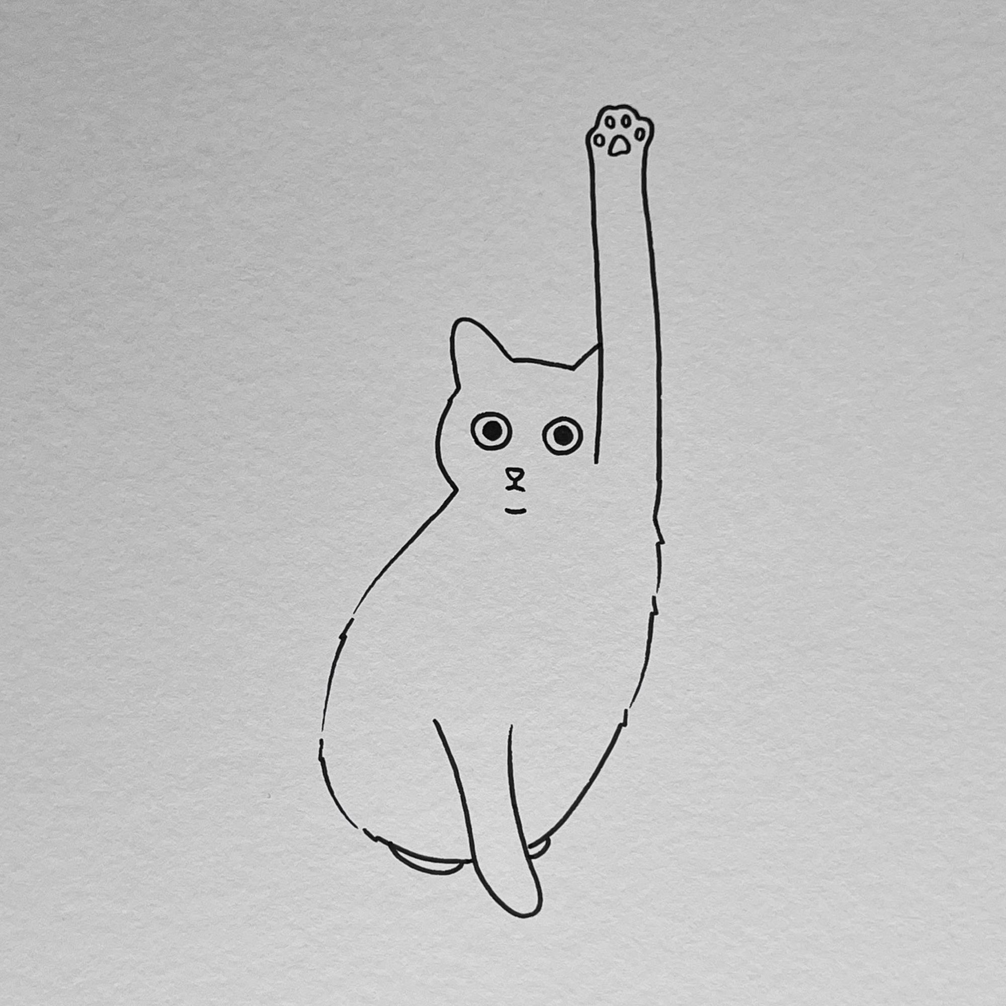 a poorly drawn cat made with black pen in a high textured paper - the cat in the drawing is raising his paw and it looks like it wants to make a question