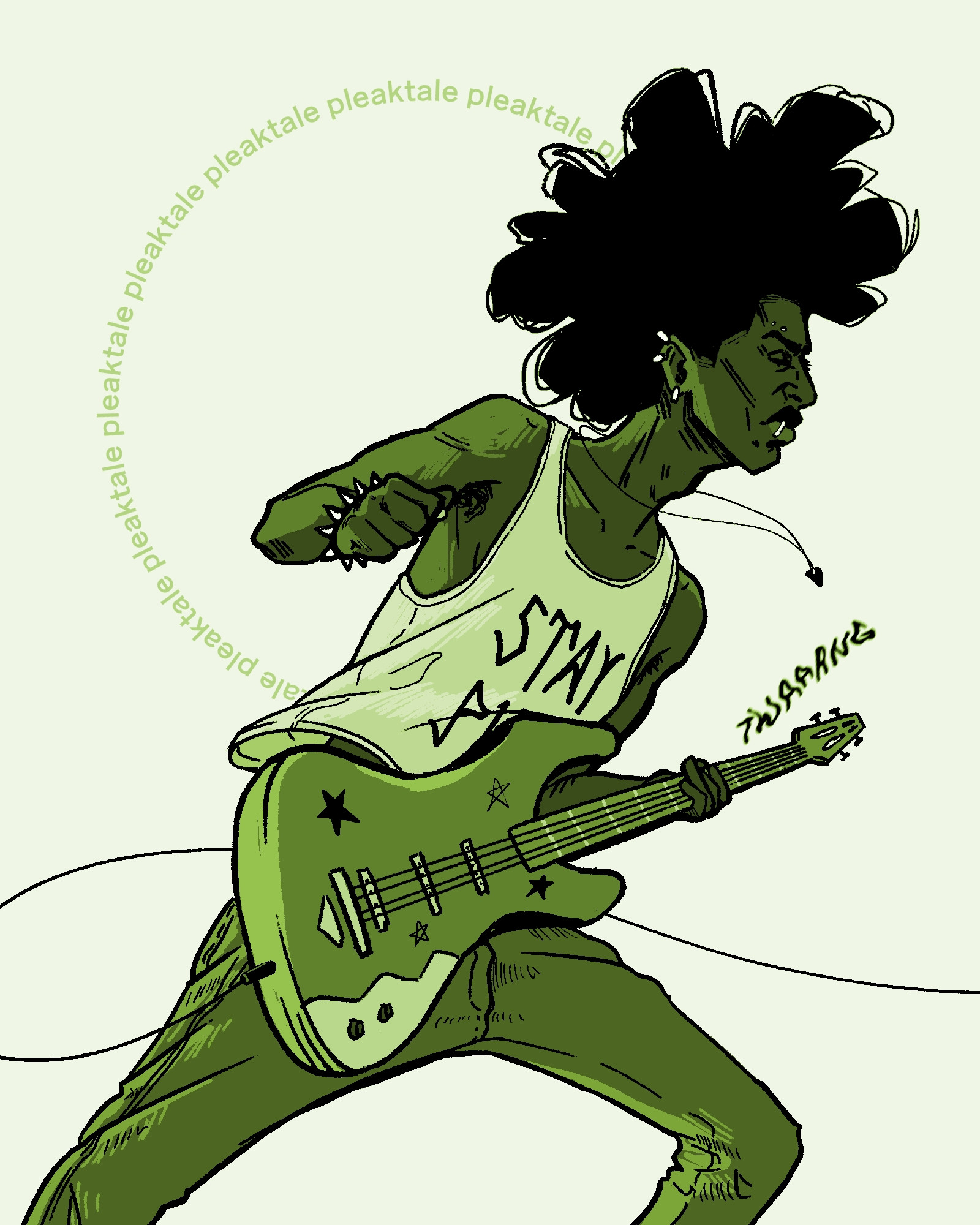 Hobie Brown digital drawing, he's playing guitar, he's wearing jeans and a sleeveless shirt with "stay punk" written on it, his guitar has stars on it. His eyes are closed in focus of the song. The drawing is in greenscale (grayscale with green gradient map).